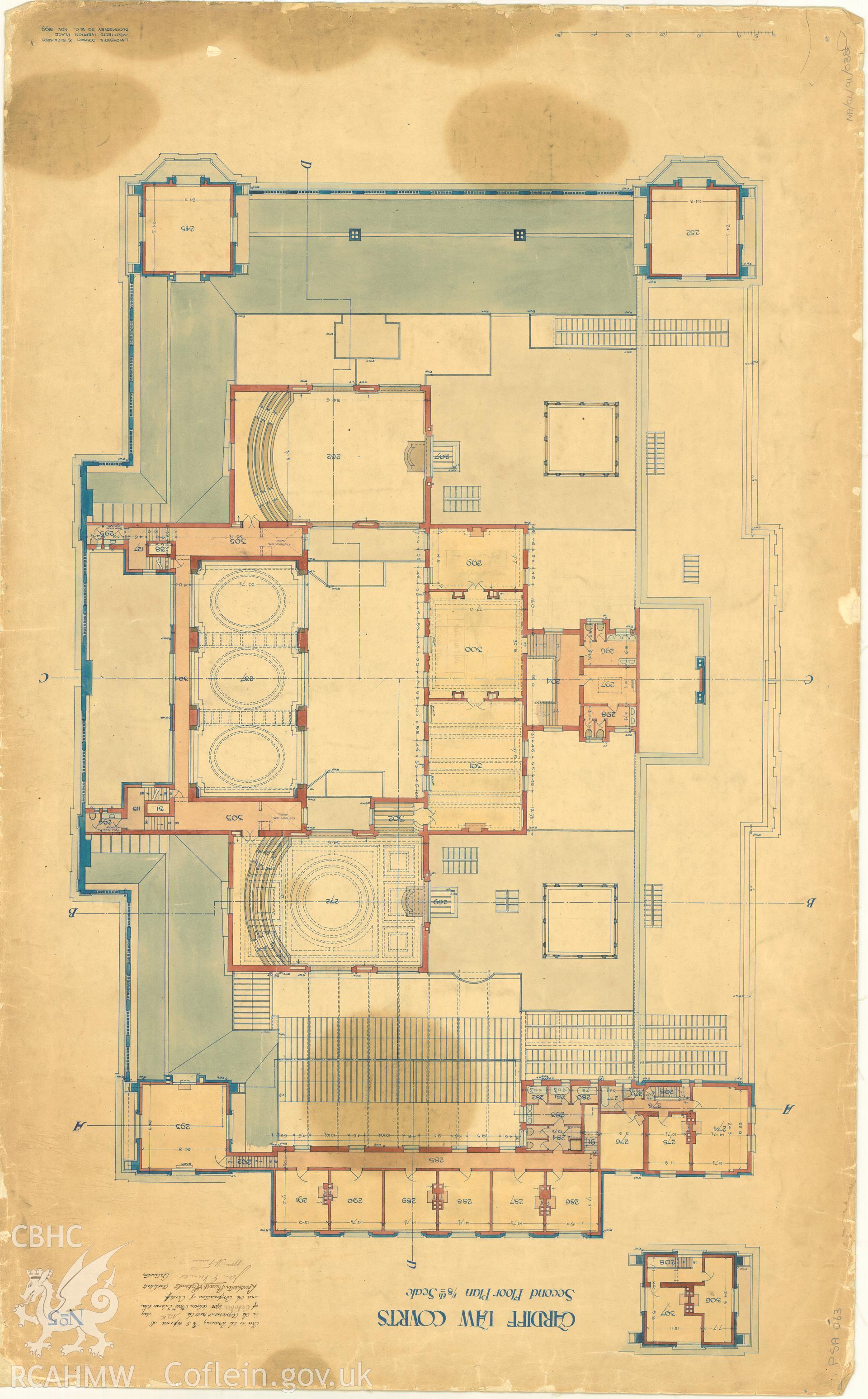 Law Court, Cathays Park, Cardiff; measured drawing showing second floor plan, produced by Lanchester Stewart and Rickards, 1899.