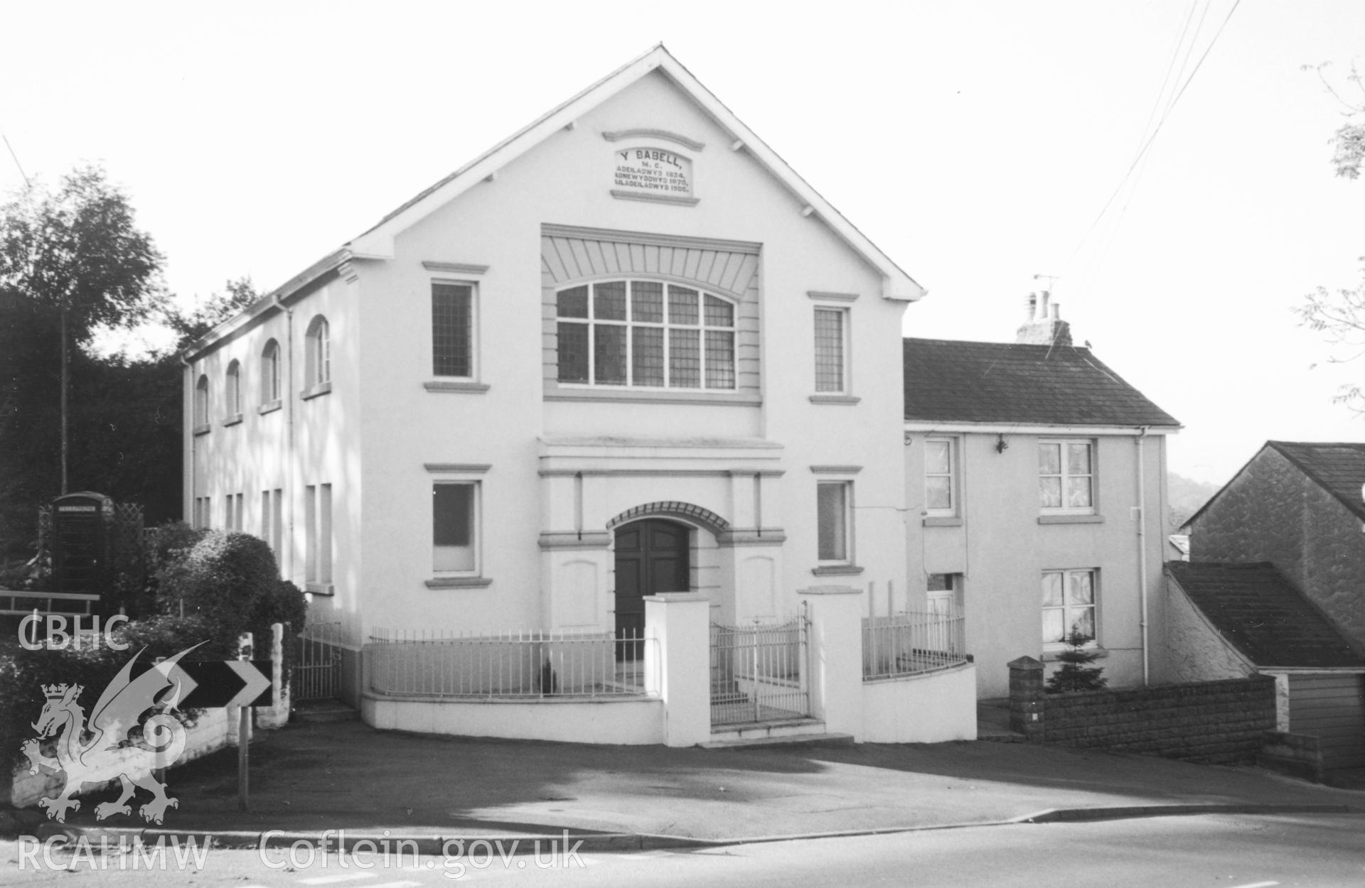 Digital copy of a black and white photograph showing an exterior view of Babell Welsh Calvinistic Methodist Chapel, Pensarn, taken by Robert Scourfield, c.1996.