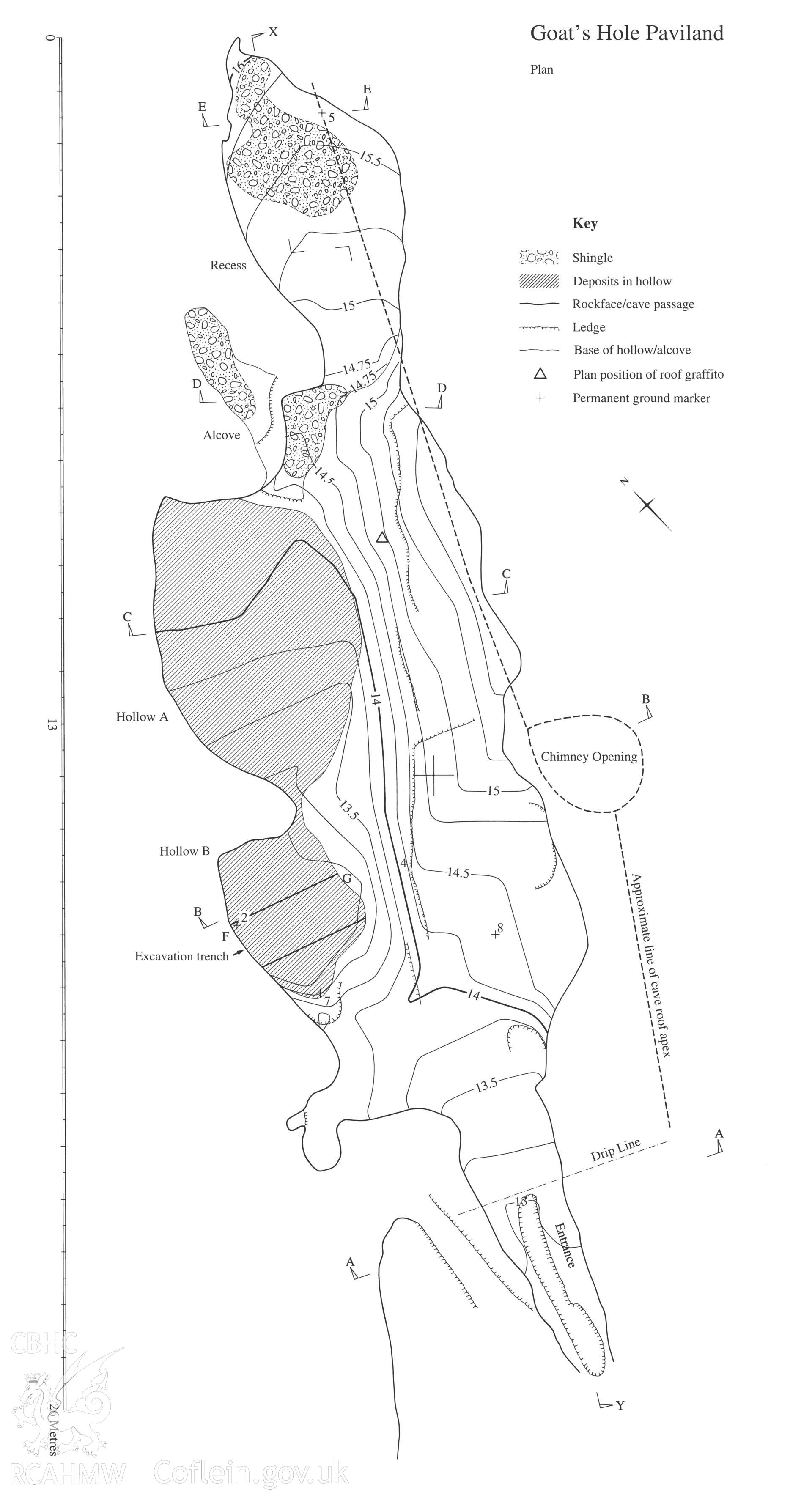 Composite plan comprising three drawings, showing Goat's Hole Cave, Paviland, produced by RCAHMW, published in "Paviland Cave and the Red Lady - a definitive report" by Stephen Aldhouse-Green 2000