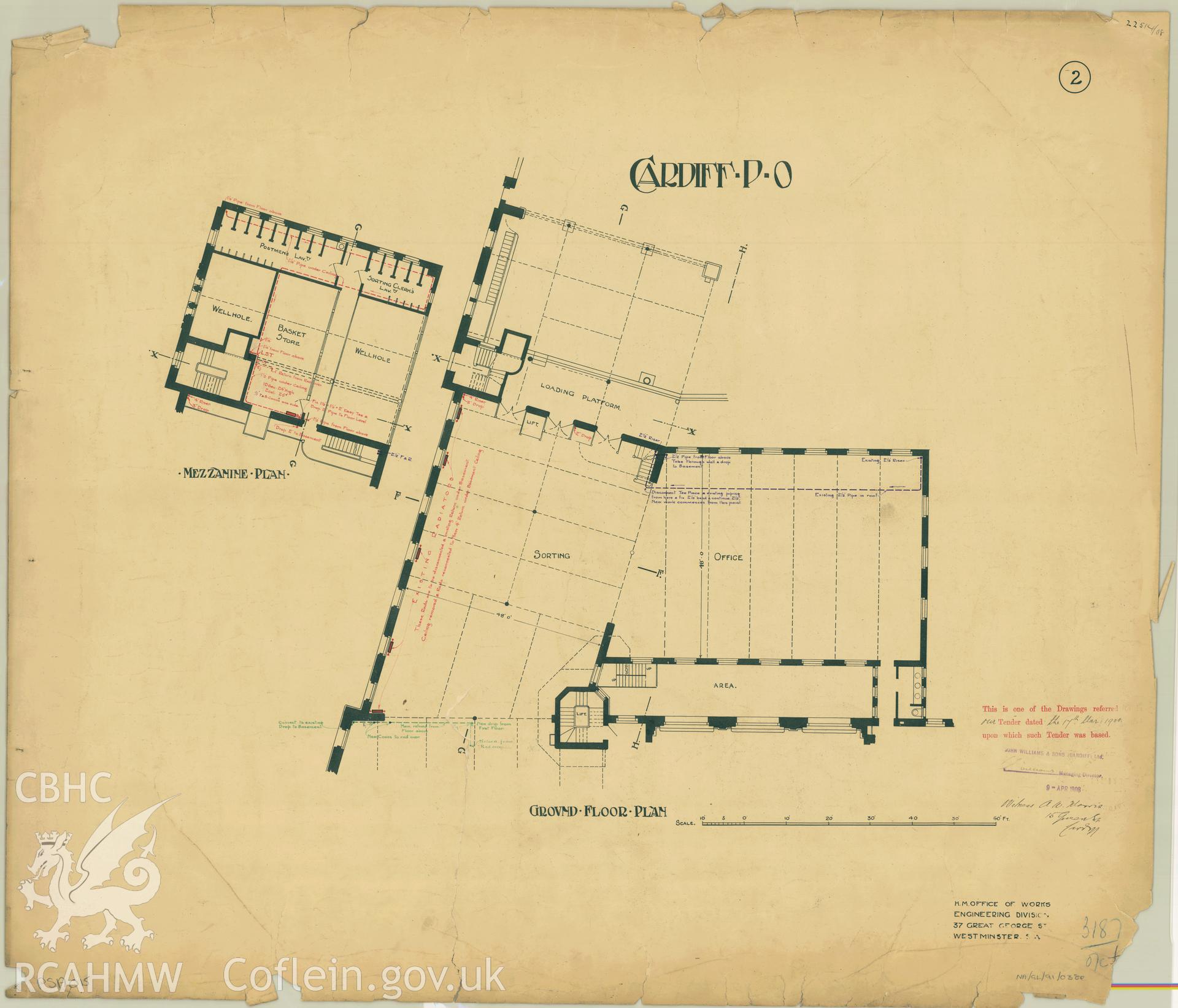 Cardiff Head Post Office, Westgate Street; measured drawing comprising ground floor plan produced by H.M. Office of Works,  dated 1908.