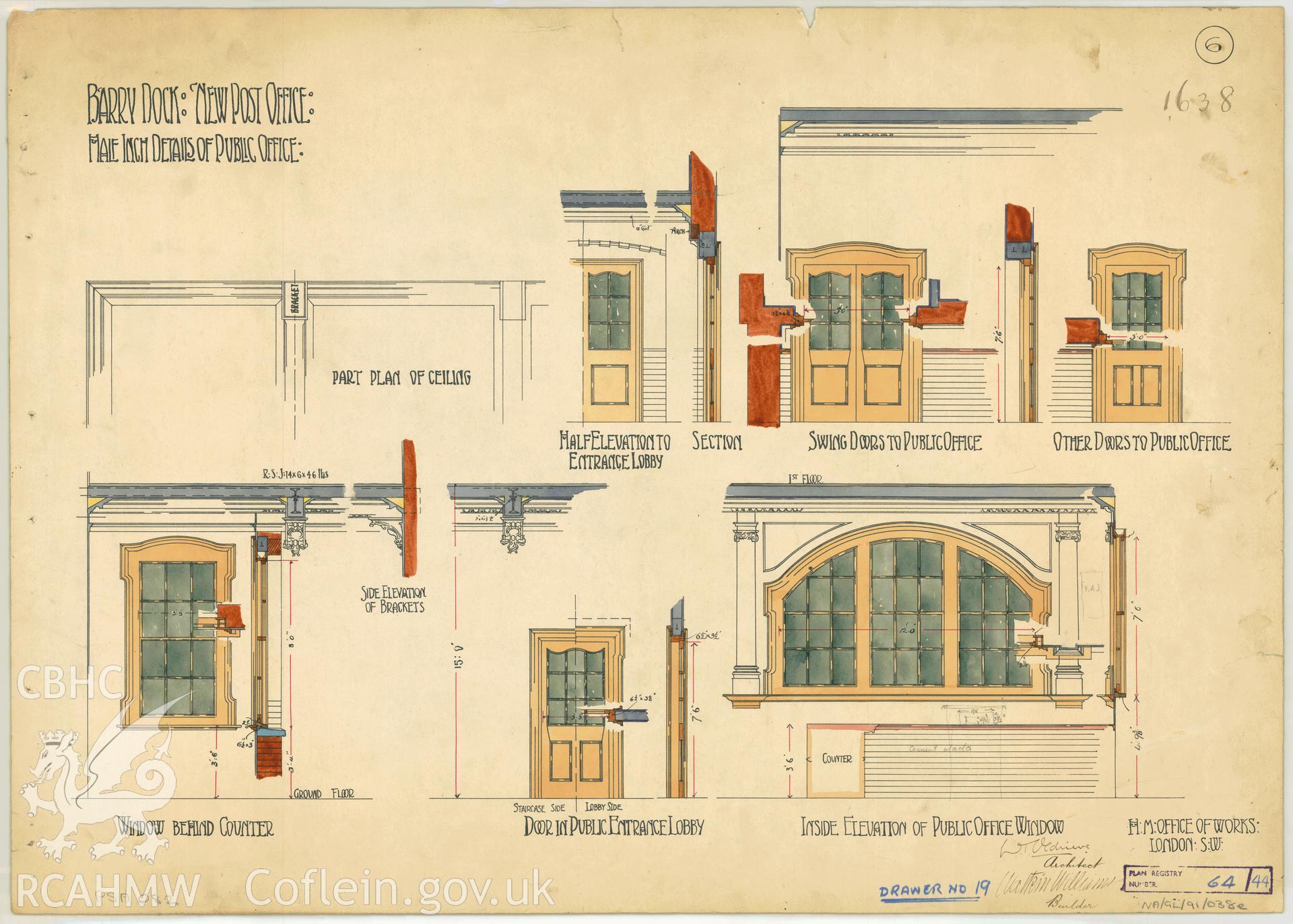 Post Office, Thompson Street, Barry Dock;  measured drawing showing detail of features in the public office, produced by H.M. Office of Works, undated.