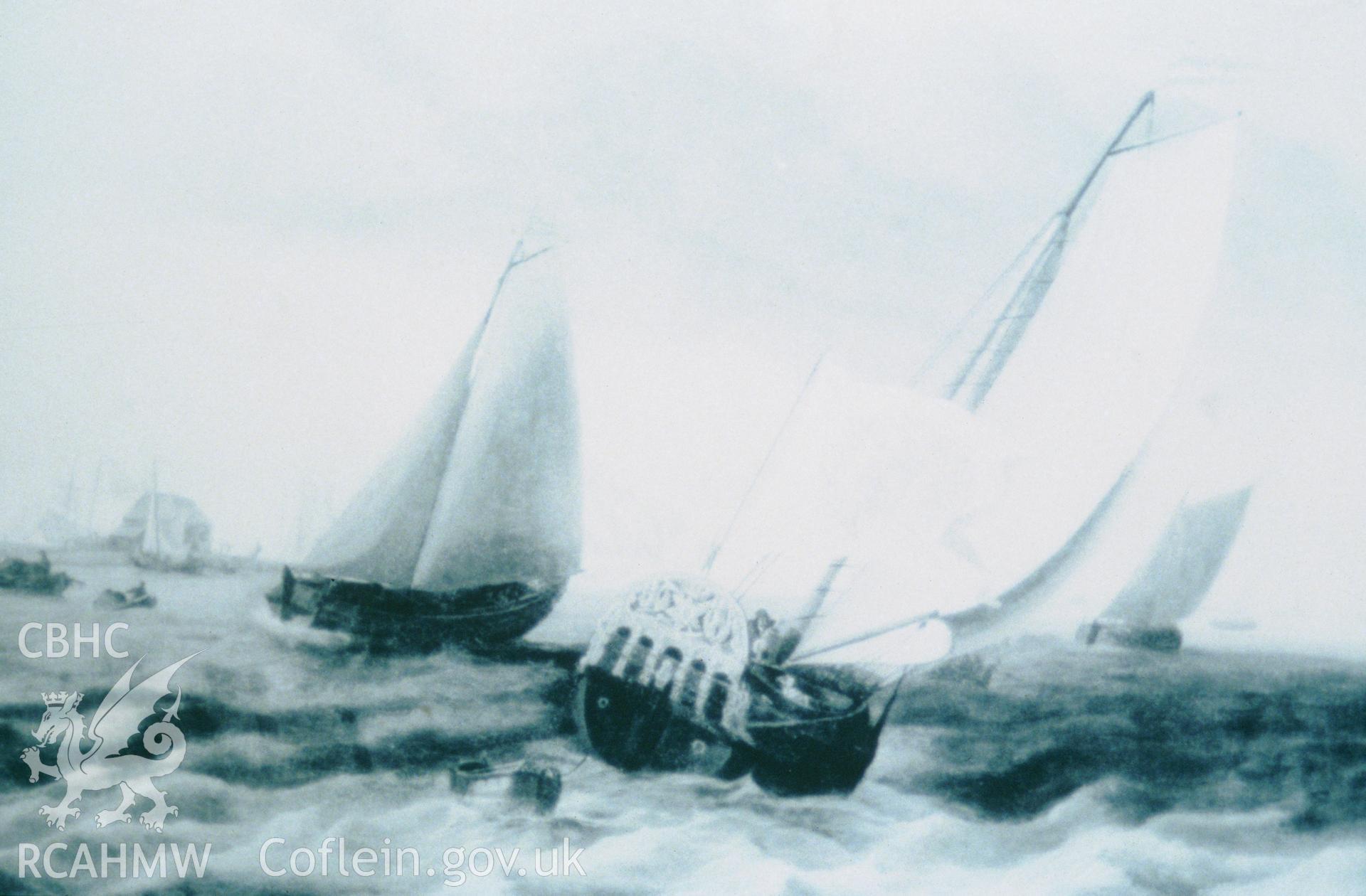Colour slide of an historic illustration of the Royal Yacht Mary, from a survey of the Mary designated shipwreck, courtesy of National Museums, Liverpool (Merseyside Maritime Museum)