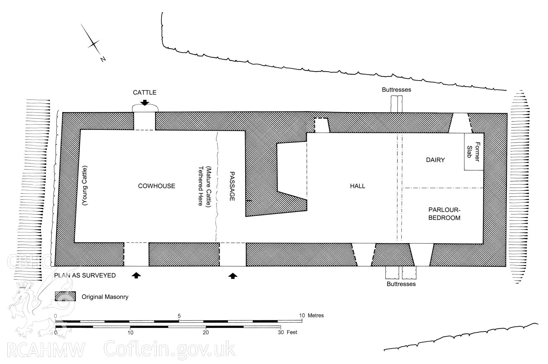 Dinas, Cwm Doethe; measured plan  produced by C.W. Green, RCAHMW, 2008