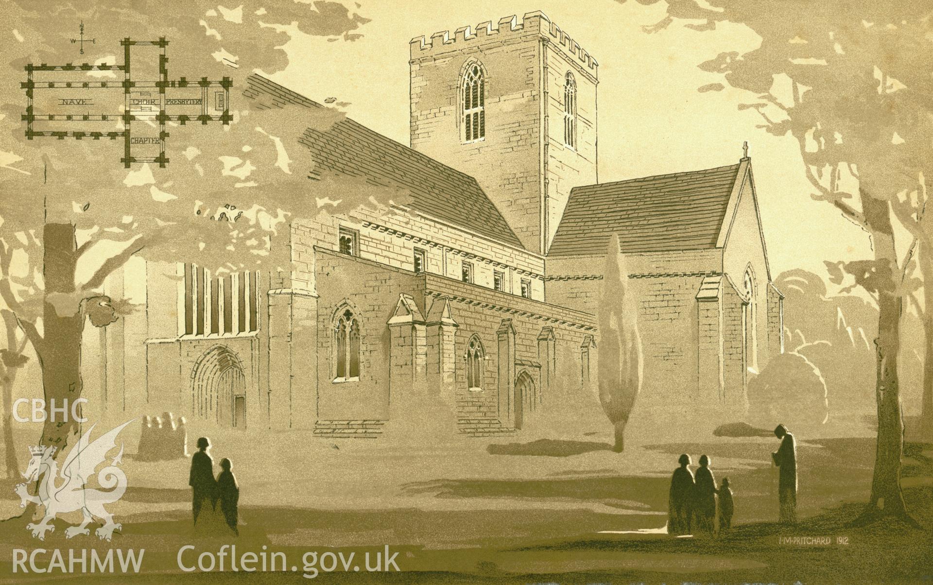 Digitized copy of a drawing by I.M. Pritchard, showing St Asaph Cathedral, copied from the frontispiece of RCAHMW Flintshire Inventory 1912.