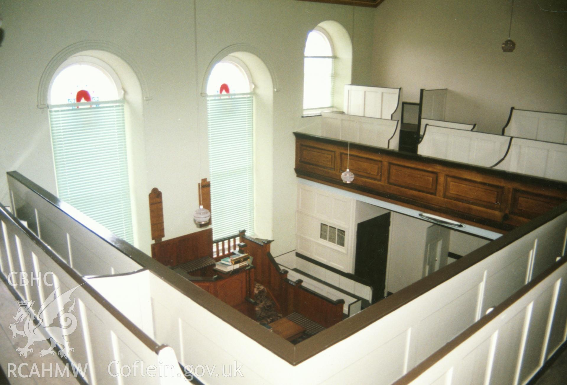 Digital copy of a colour photograph showing an interior view of Nanternis Welsh Independent Chapel, taken by Robert Scourfield, c.1996.