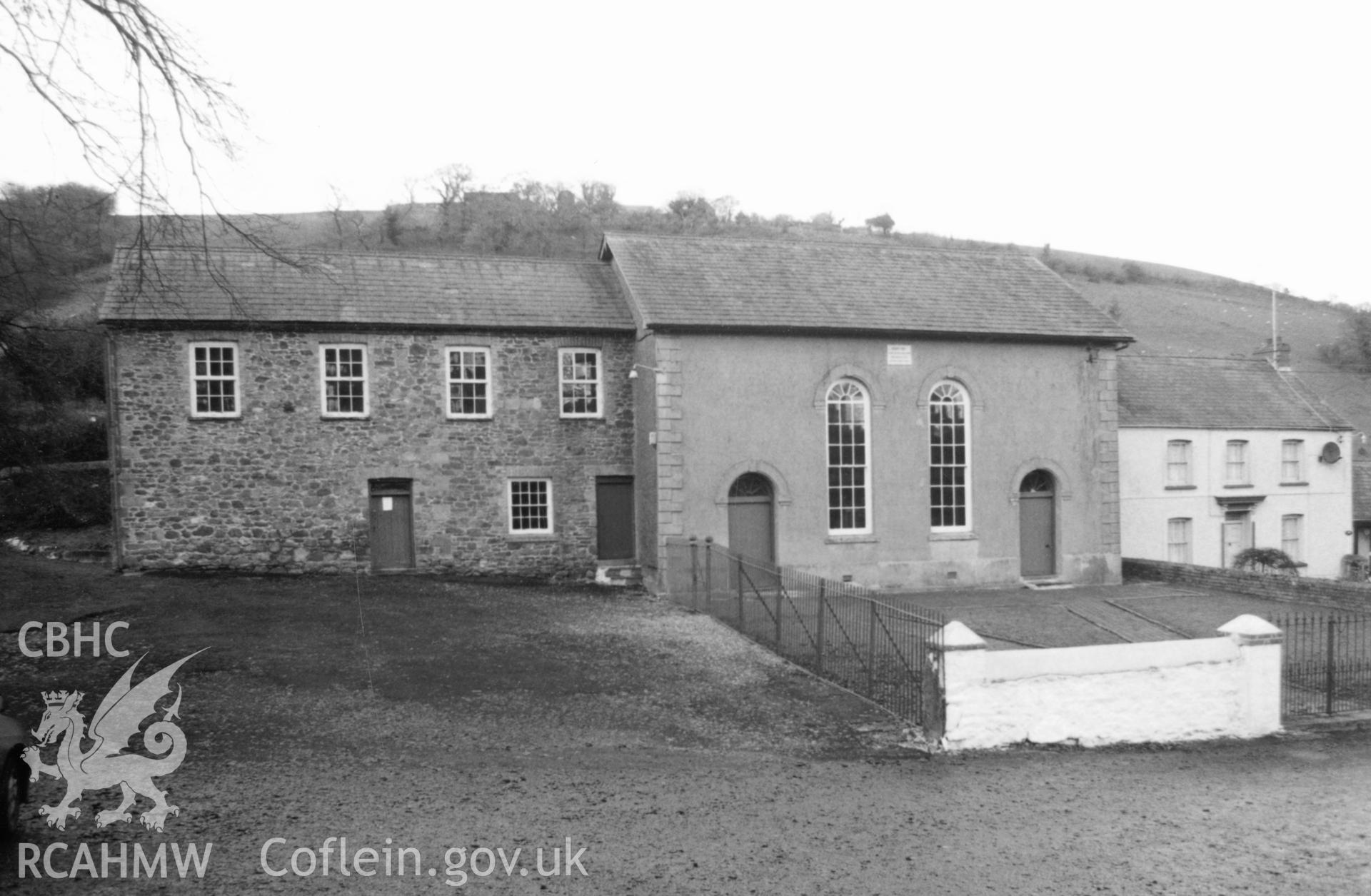 Digital copy of a black and white photograph showing an exterior view of Ebenezer Welsh Independent Chapel, Abergwili, taken by Robert Scourfield, 1996.