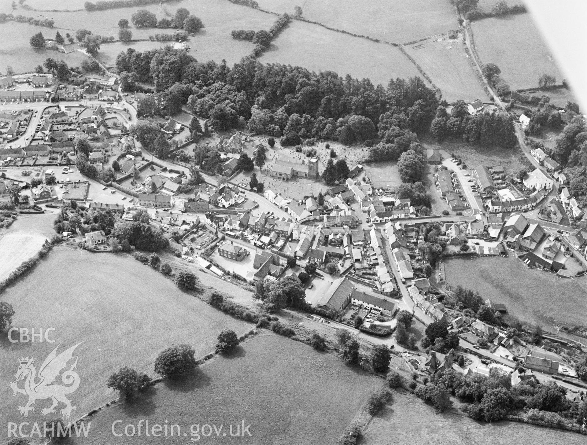 RCAHMW black and white oblique aerial photograph of Llanrhaiadr ym Mochnant taken 2003.