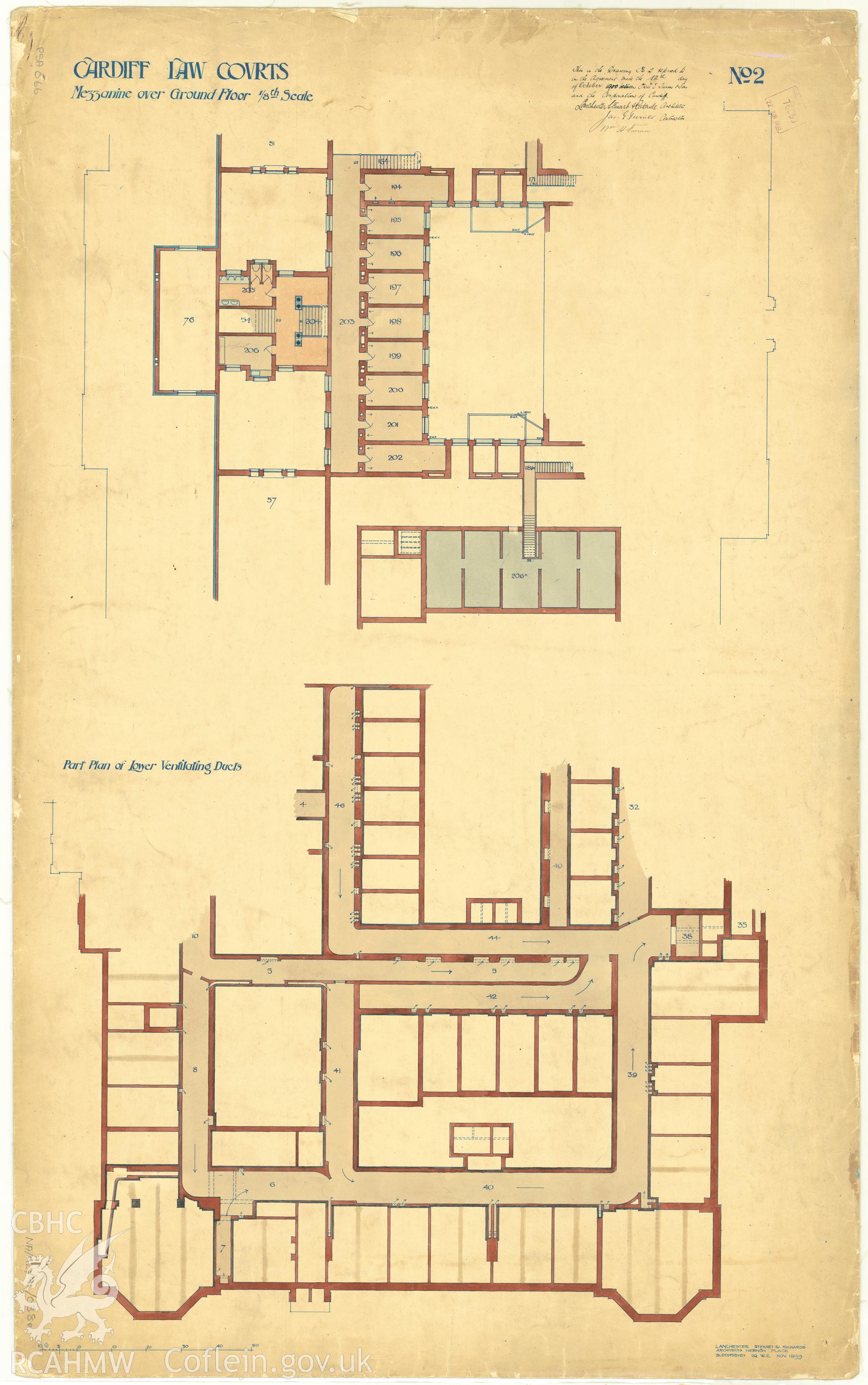 Law Court, Cathays Park, Cardiff; measured drawing showing plan of the mezzanine over the ground floor and part plan of lower ventilating ducts, produced by Lanchester Stewart and Rickards, 1899.