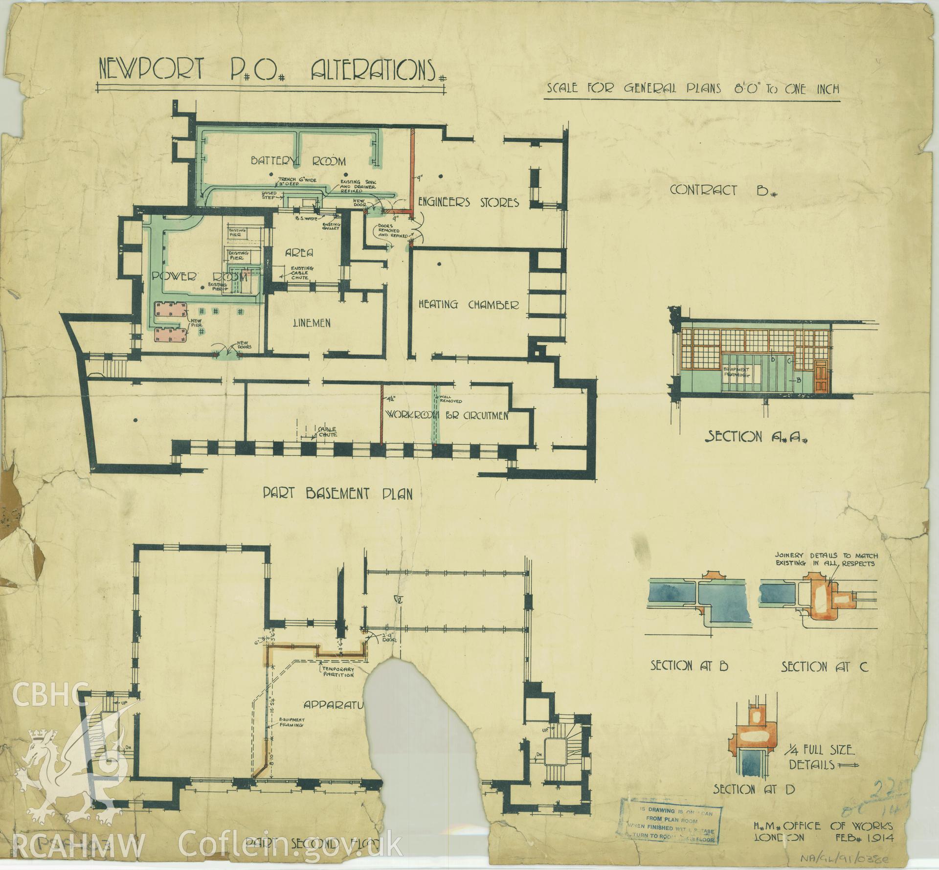 Head Post Office, High Street, Newport;  measured drawing showing alterations to the post office including section views and partial basement and second floor plans, produced by H.M. Office of Works, 1914.