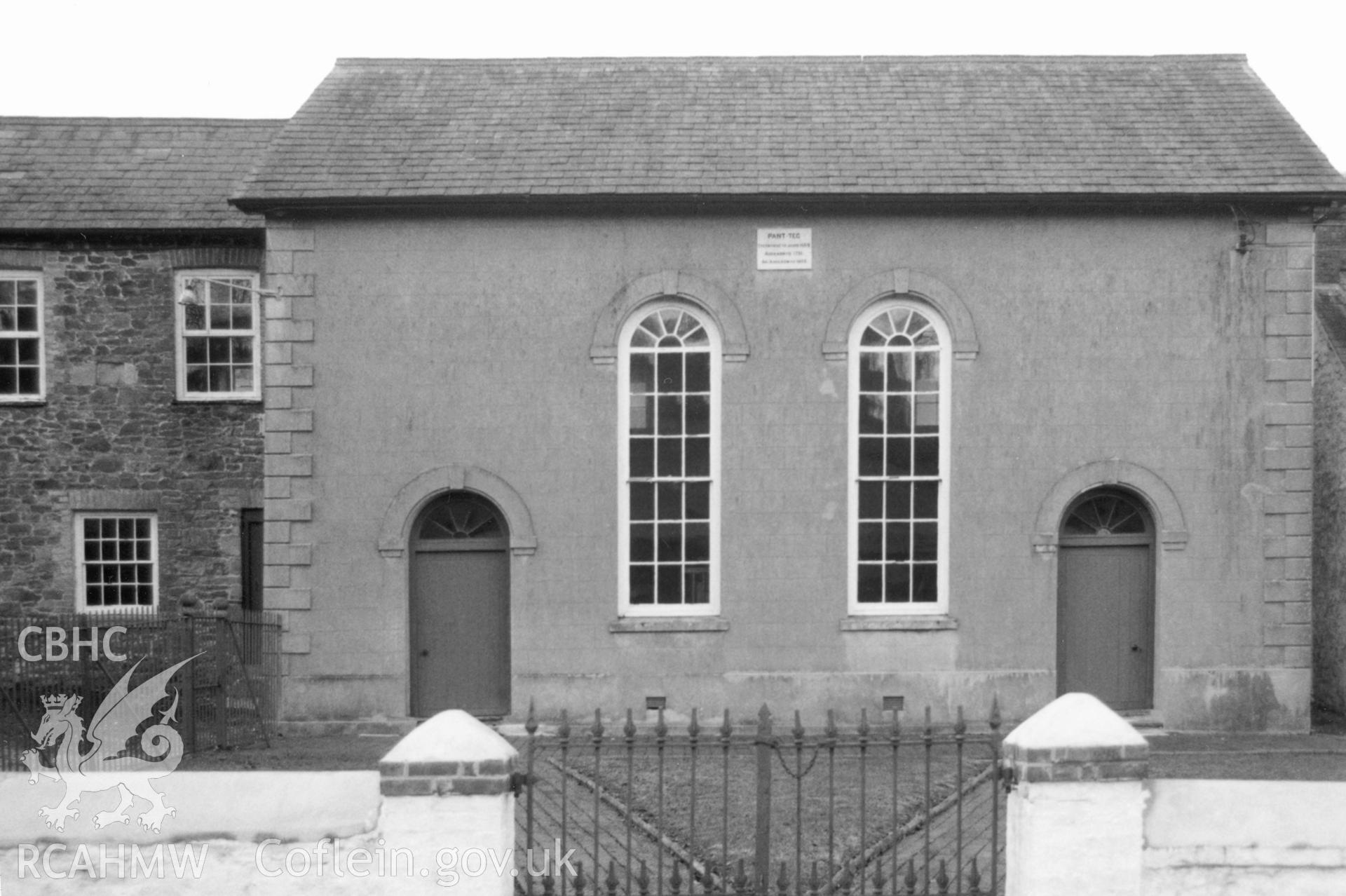Digital copy of a black and white photograph showing an exterior view of Pant-teg Independent Chapel, Nantgaredig, taken by Robert Scourfield, 1996.