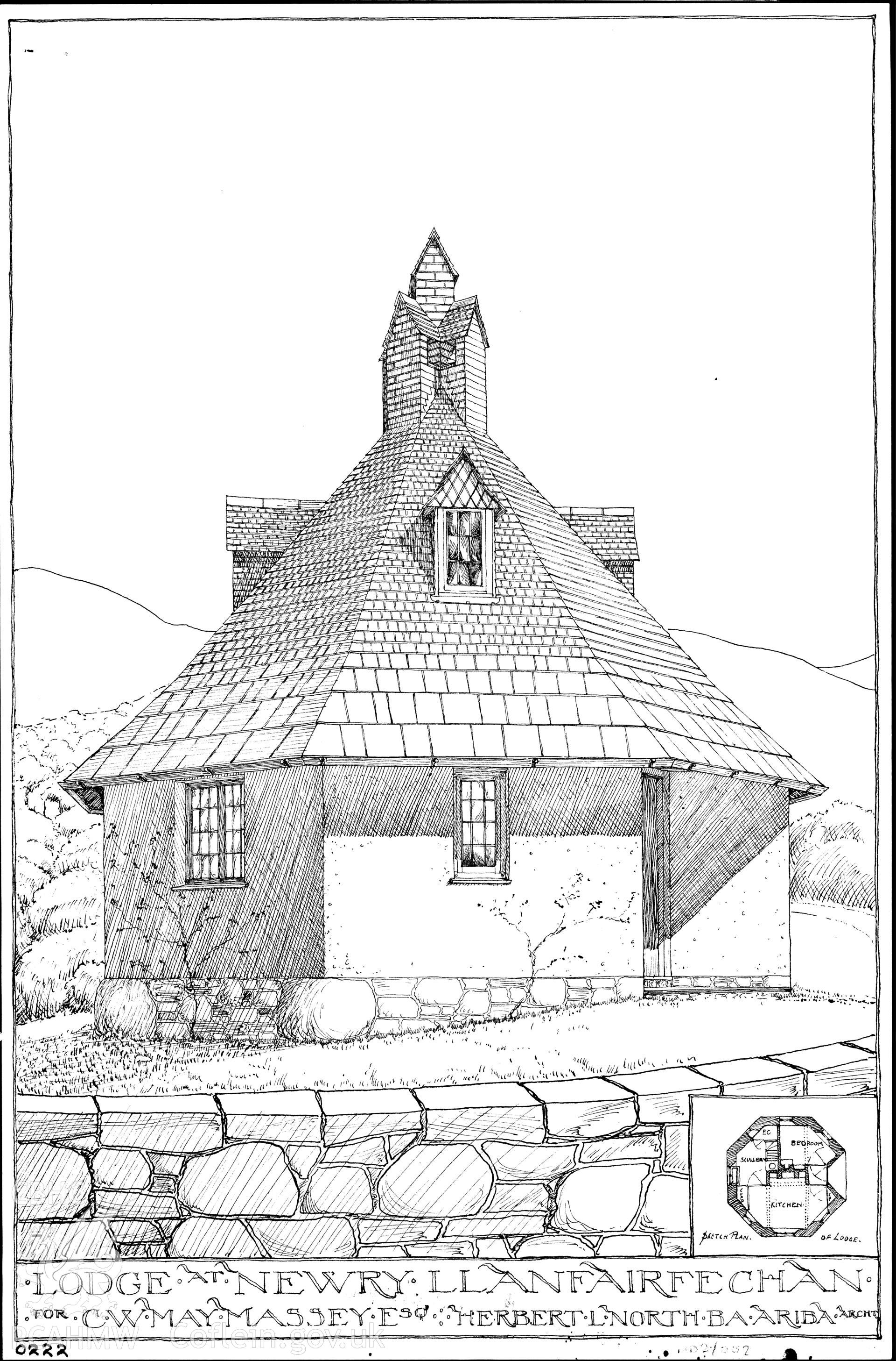 Sketch elevation, with plan detail, of the lodge at Newry, designed for C.W. May Massey. Ink on paper, no scale.