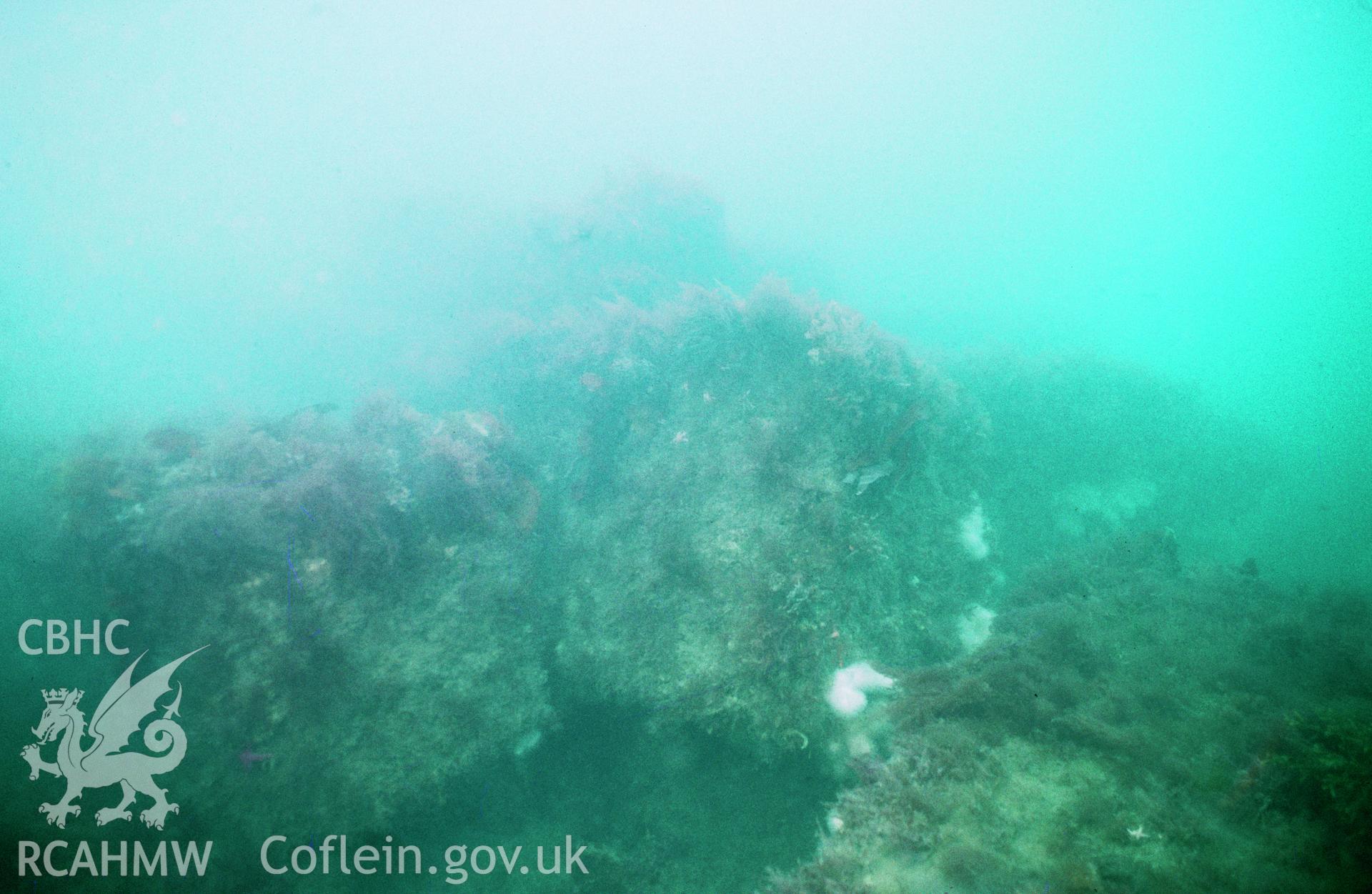 View showing some of the cargo of Carrera marble blocks, one of a set of 41 colour slides from an underwater survey of the Tal-y-Bont designated shipwreck, carried out by the Archaeological Diving Unit.
