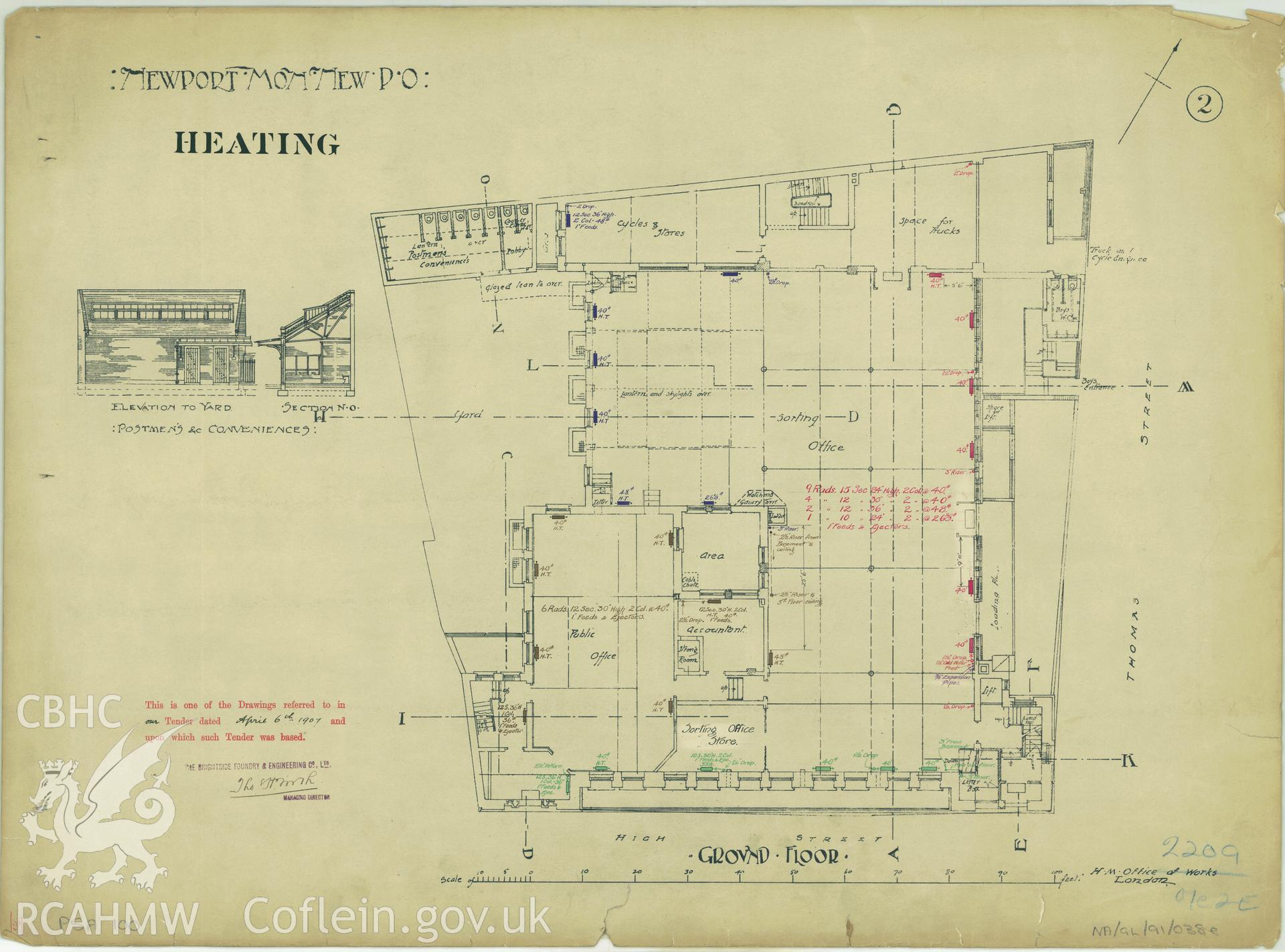 Head Post Office, High Street, Newport;  measured drawing showing heating system detail on ground floor plan, produced by H.M. Office of Works, c.1905