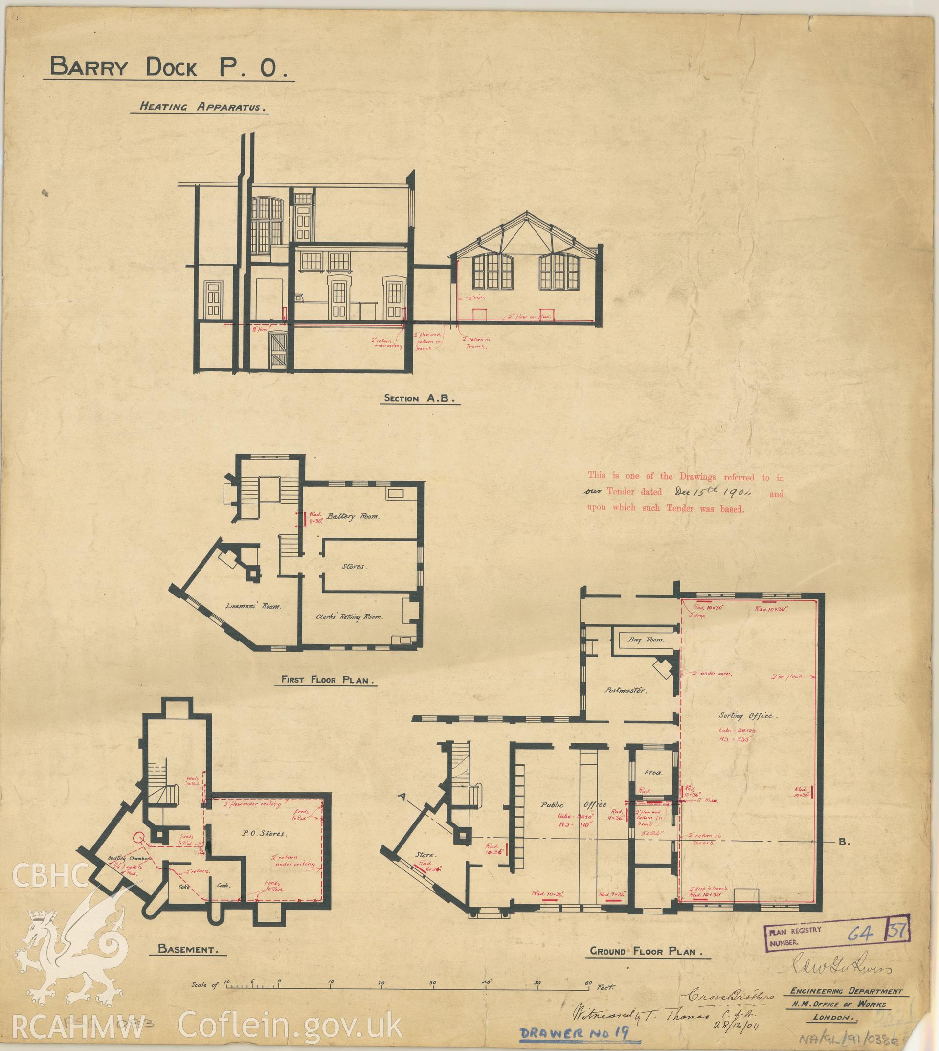 Post Office, Thompson Street, Barry Dock;  measured drawing showing detail of heating apparatus throughout the building, produced by H.M. Office of Works, 1902.