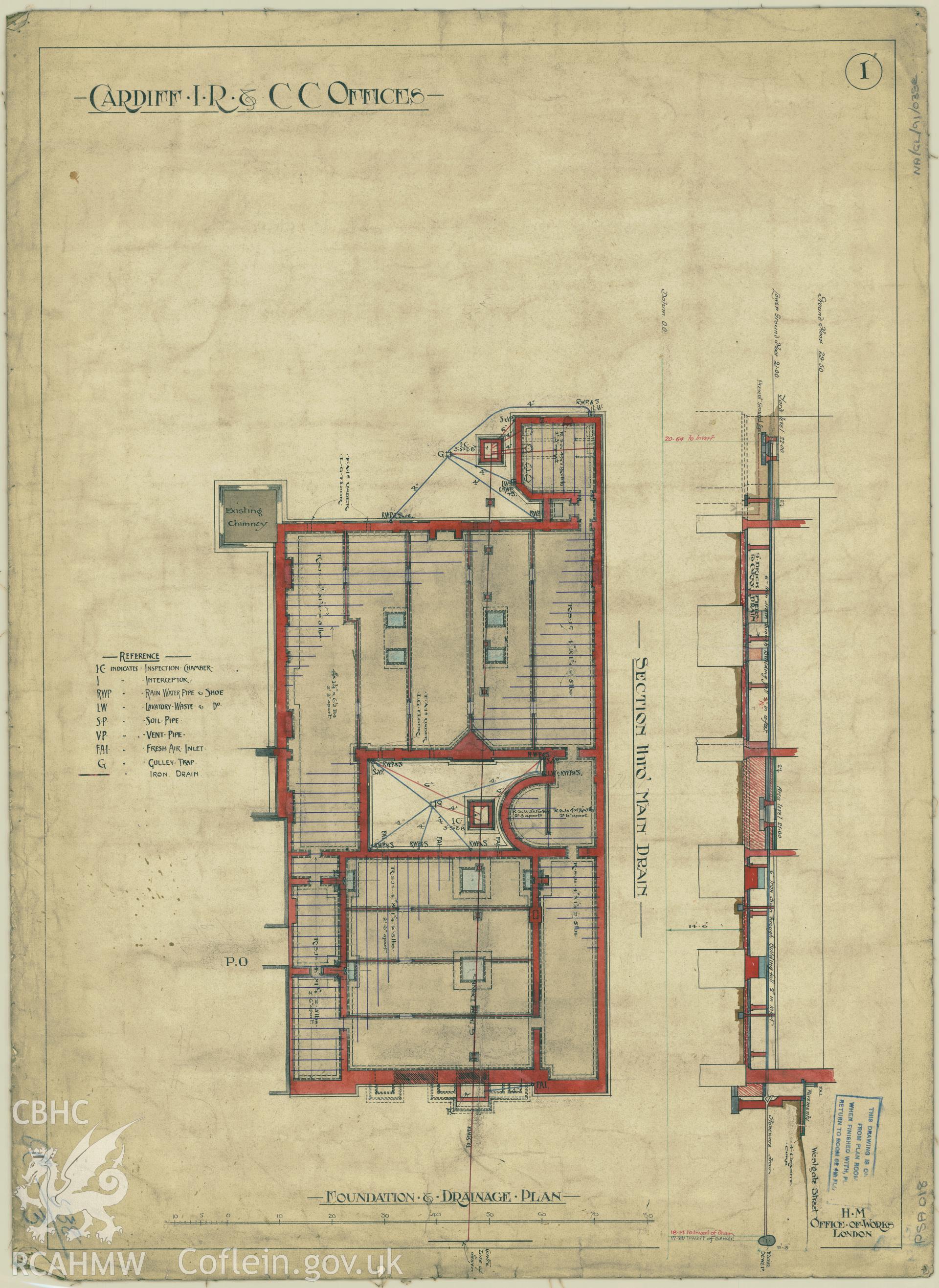 Cardiff Inland Revenue and County Court Offices; measured drawing showing foundation and drainage plan, produced by H.M. Office of Works,  undated.