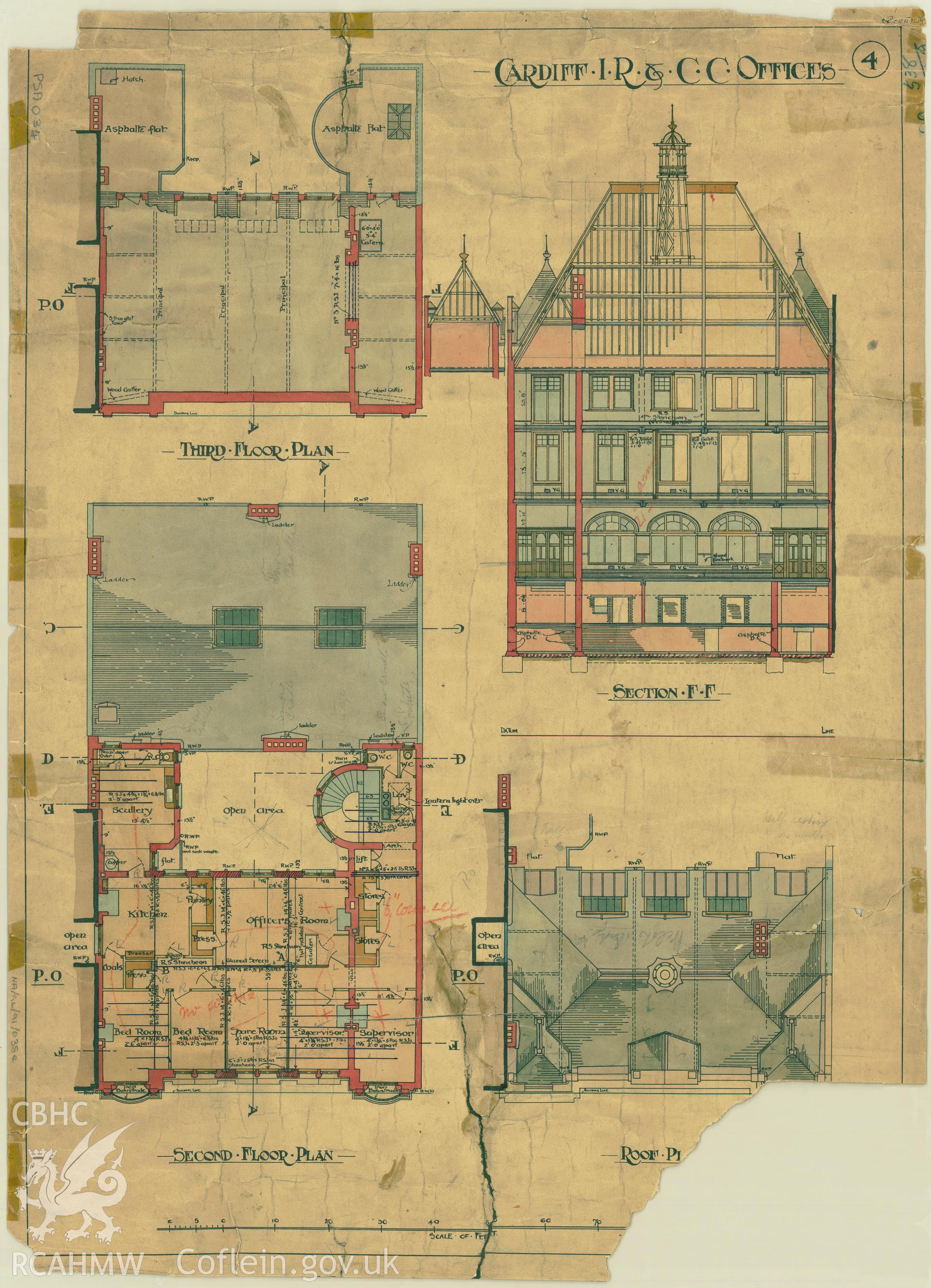 Cardiff Inland Revenue and County Court Offices; measured drawing showing second floor plan, third floor plan, roof plan and section view produced by H.M. Office of Works,  undated.