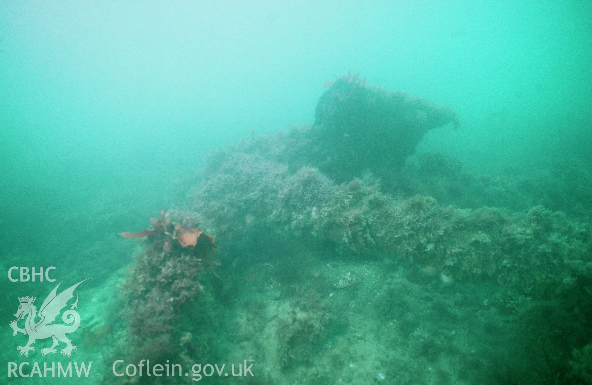 View showing flukes of the ship's iron anchor, one of a set of 41 colour slides from an underwater survey of the Tal-y-Bont designated shipwreck, carried out by the Archaeological Diving Unit.