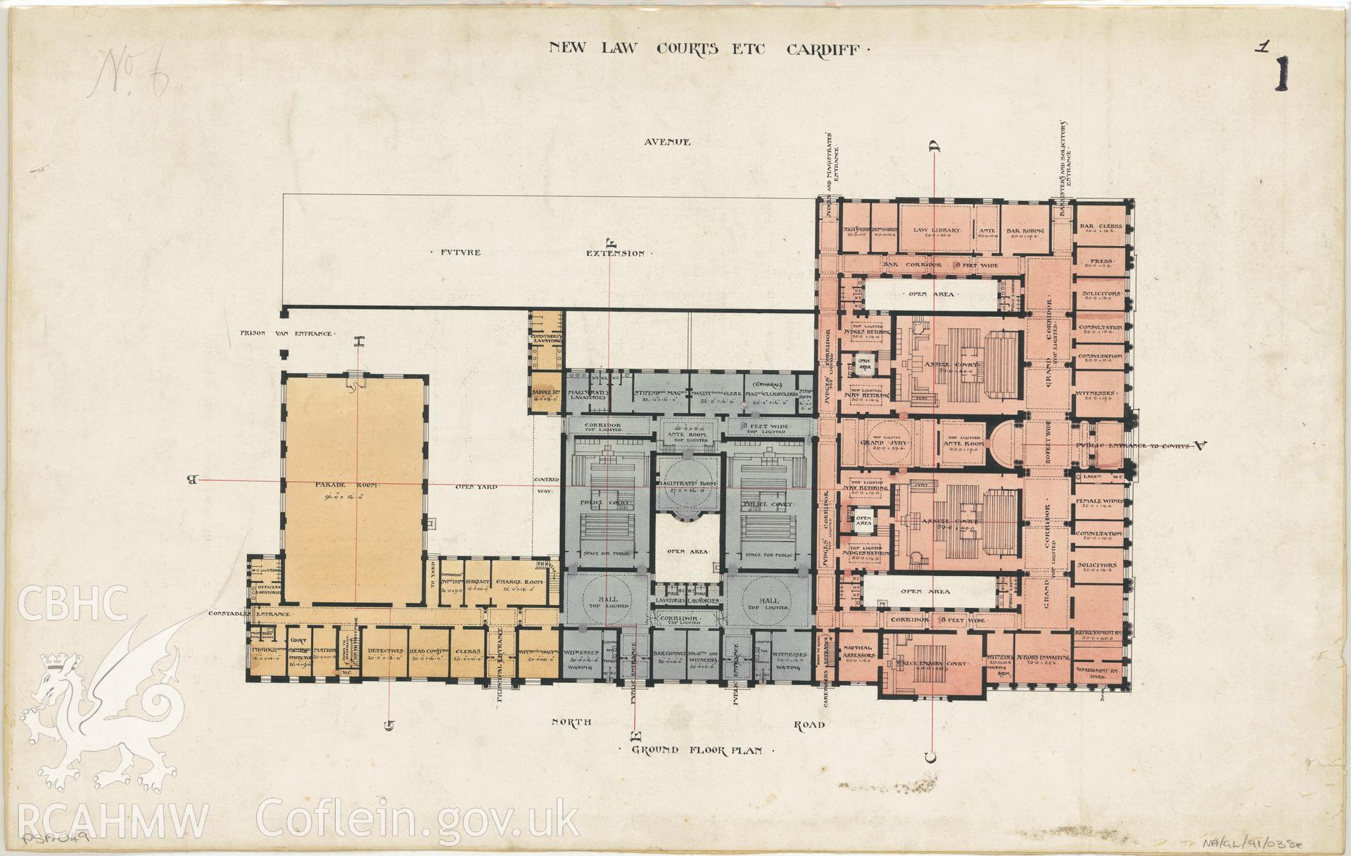 Law Court, Cathays Park, Cardiff; measured drawing showing proposed ground  floor plan submitted as  an entry in the 1897 competition to produce a design for the new Law Court.