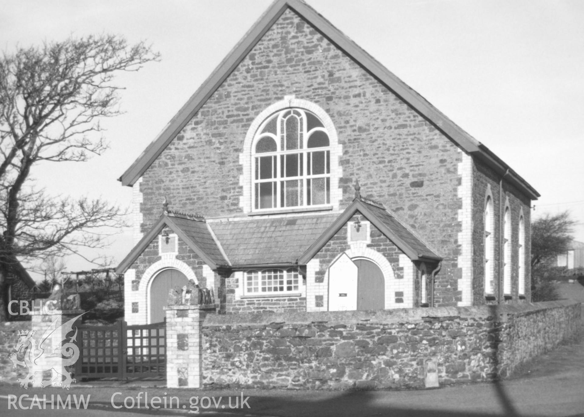 Digital copy of a black and white photograph showing an exterior view of Moriah English Baptist Chapel, Marloes, taken by Robert Scourfield, c.1996.