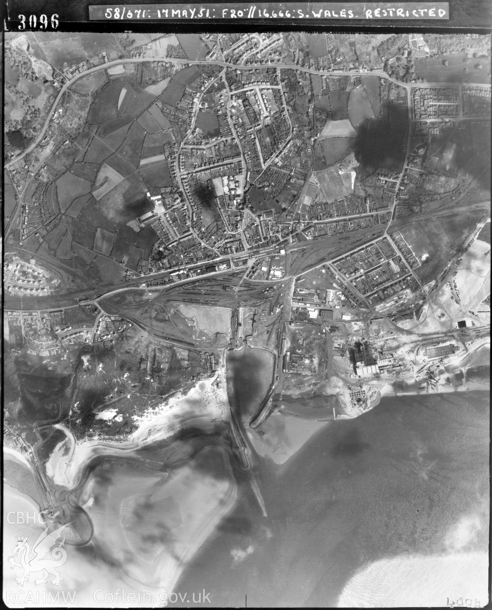 Black and white vertical aerial photograph taken by the RAF on 17/05/1951 centred on SN44810052 at a scale of 1:10000. The photograph includes Burry Port and part of Cefn Sidan community in Carmarthenshire.