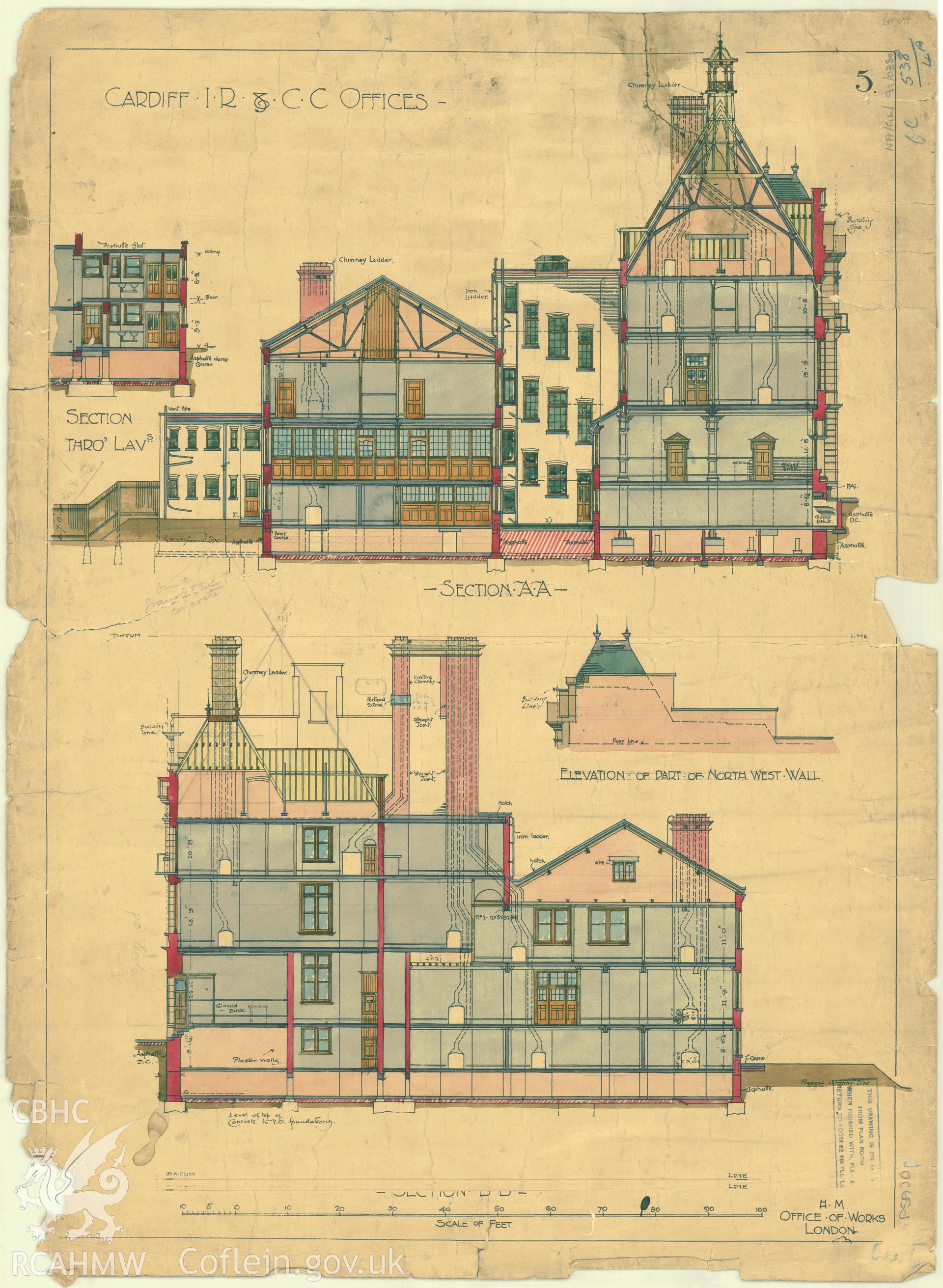 Cardiff Inland Revenue and County Court Offices; measured drawing showing section views, produced by H.M. Office of Works,  undated.