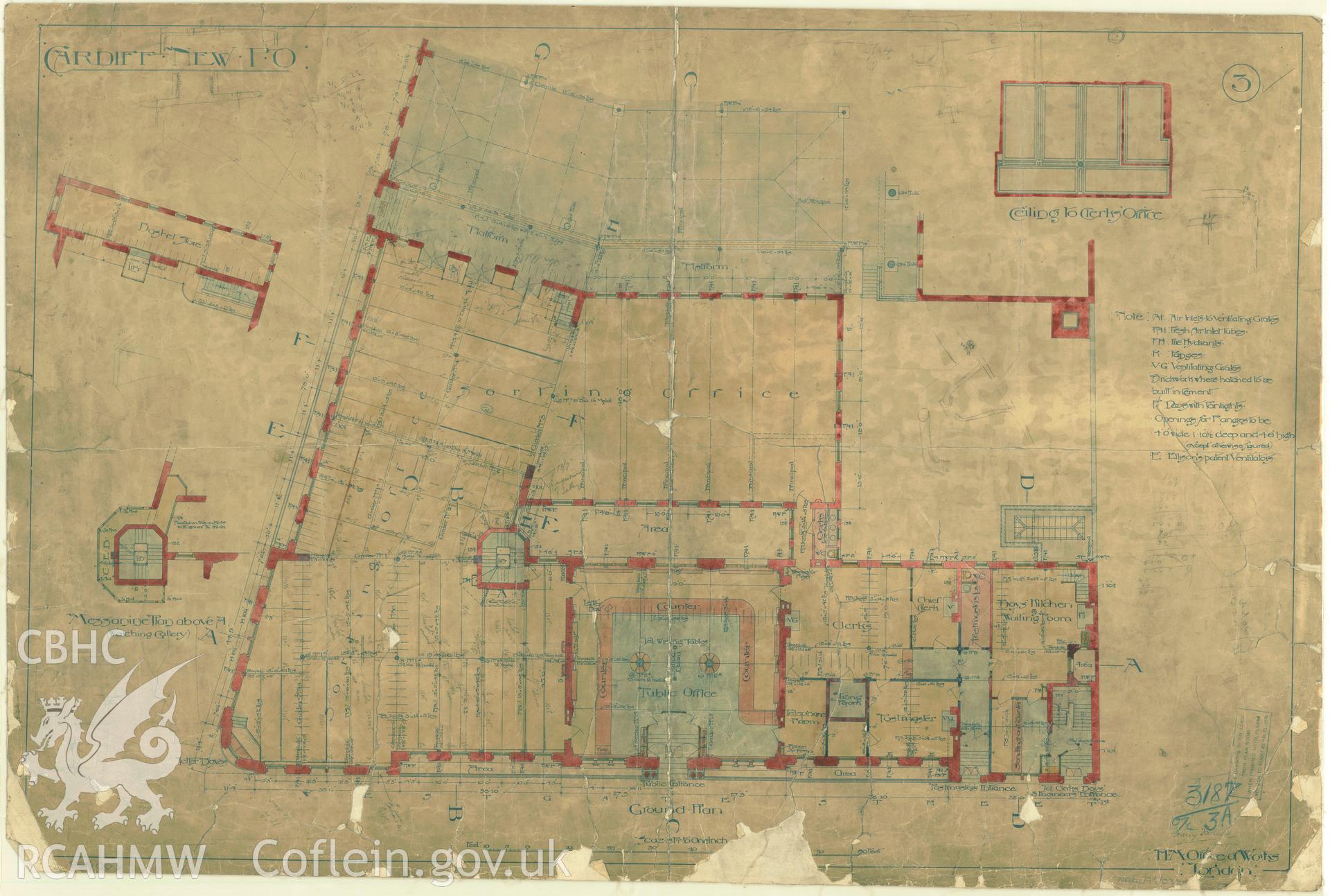 Cardiff Head Post Office, Westgate Street; original ink on fabric drawing produced by Henry Tanner of H.M. Office of Works, showing ground plan of main building and plans of the basket store, mezzanine floor and ceiling above clerk's office at Cardiff New P.O., dated 1894