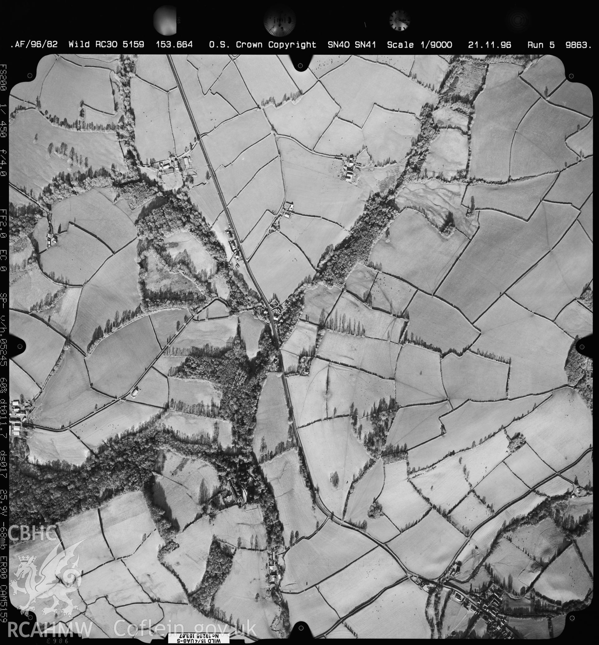 Digitized copy of an aerial photograph showing Pontantwn area, south-east of Carmarthen, taken by Ordnance Survey, 1996