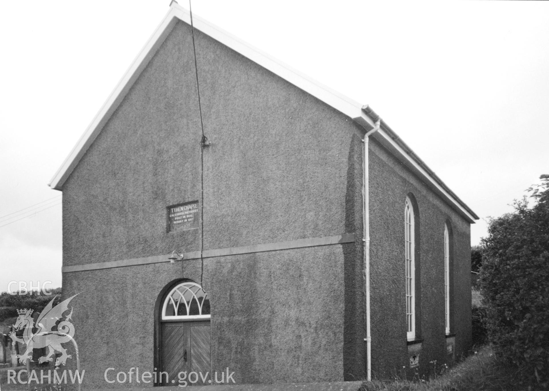 Digital copy of a black and white photograph showing a general view of Ty Hen Welsh Calvinistic Methodist Chapel, Trelech a'r Betws, taken by Robert Scourfield, c.1996.