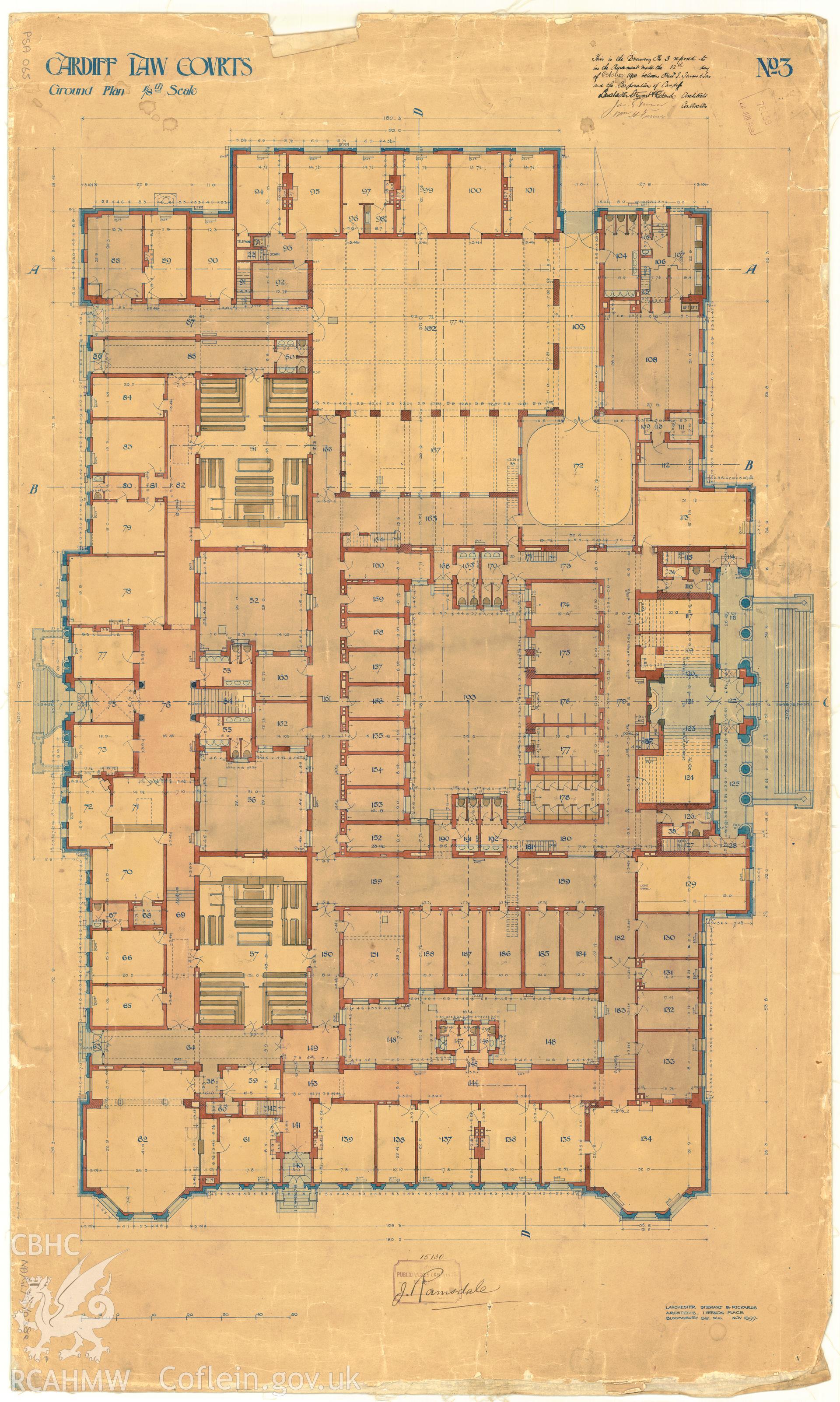 Law Court, Cathays Park, Cardiff; measured drawing showing ground floor plan, produced by Lanchester Stewart and Rickards, 1899.