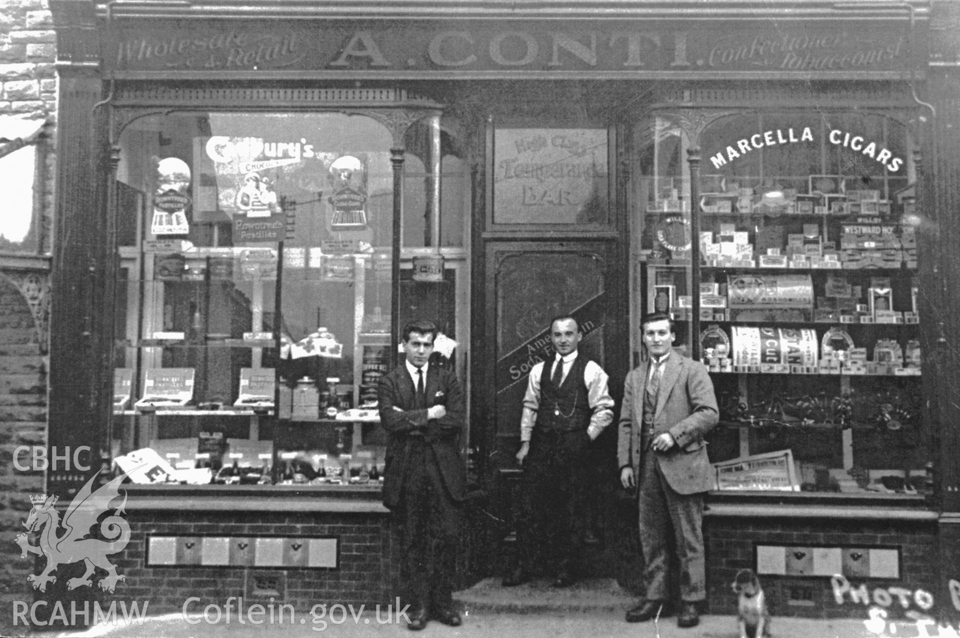 Attilio Conti and his brothers, Alf and Jack, outside the first Conti's cafe in Ystradgynlais.
