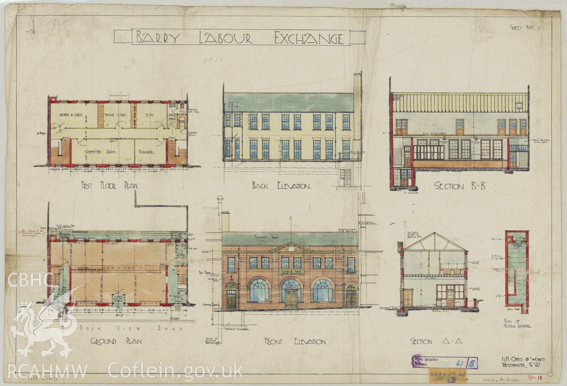 Board of Trade Labour Exchange, Dock View Street, Barry Dock; measured drawing showing front and rear elevation, ground and first floor plans and section drawings, produced by  H.M. Office of Works, undated.