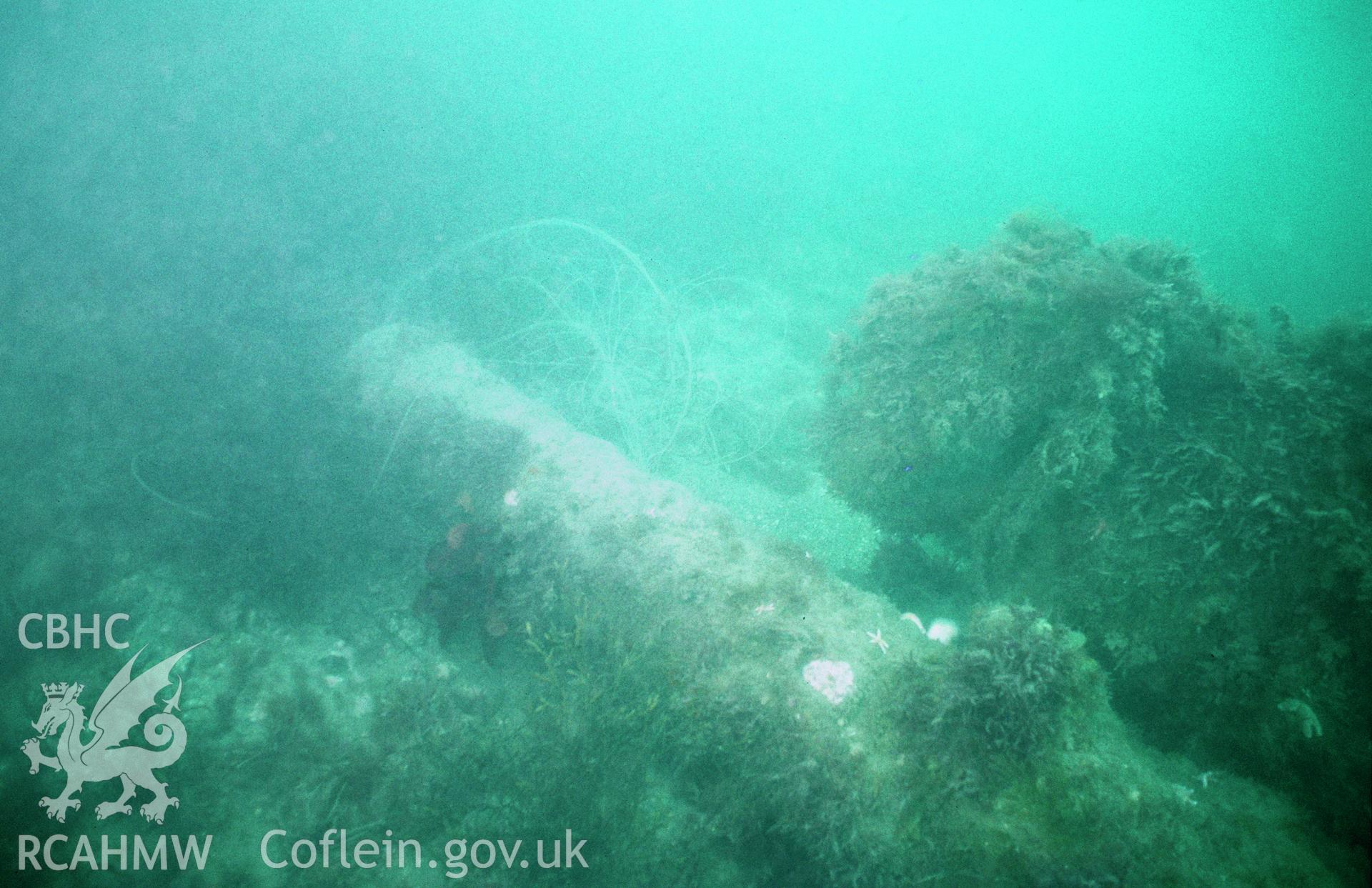 View showing one of the ship's iron cannon in situ, one of a set of 41 colour slides from an underwater survey of the Tal-y-Bont designated shipwreck, carried out by the Archaeological Diving Unit.