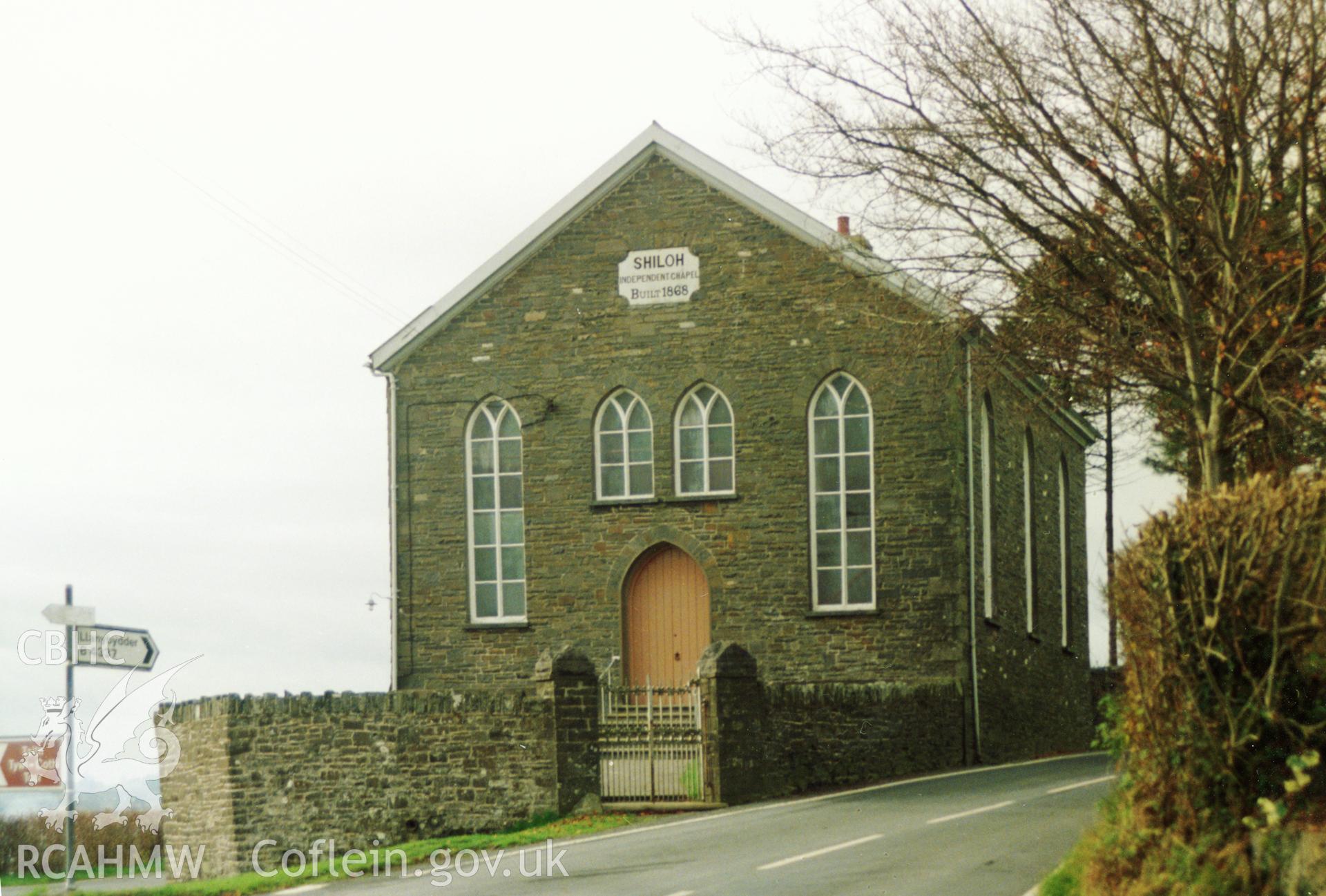 Digital copy of a colour photograph showing an exterior view of Seilo Welsh Independent Chapel, Llansawel,  taken by Robert Scourfield, c.1996.