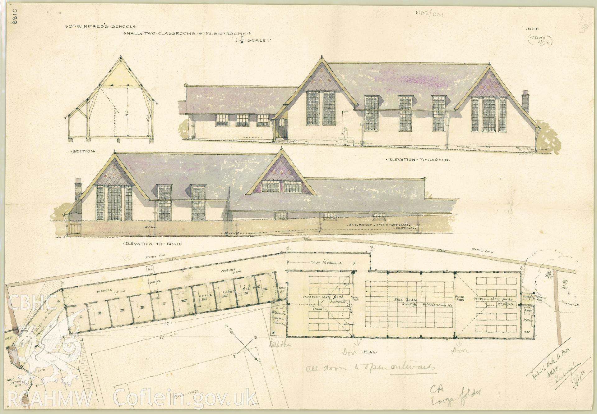 Elevations, plan and section of a design for hall, music rooms and two class rooms, St Winifred's School, Llanfairfechan. Pen with colour wash on paper, scale eight feet to one inch.