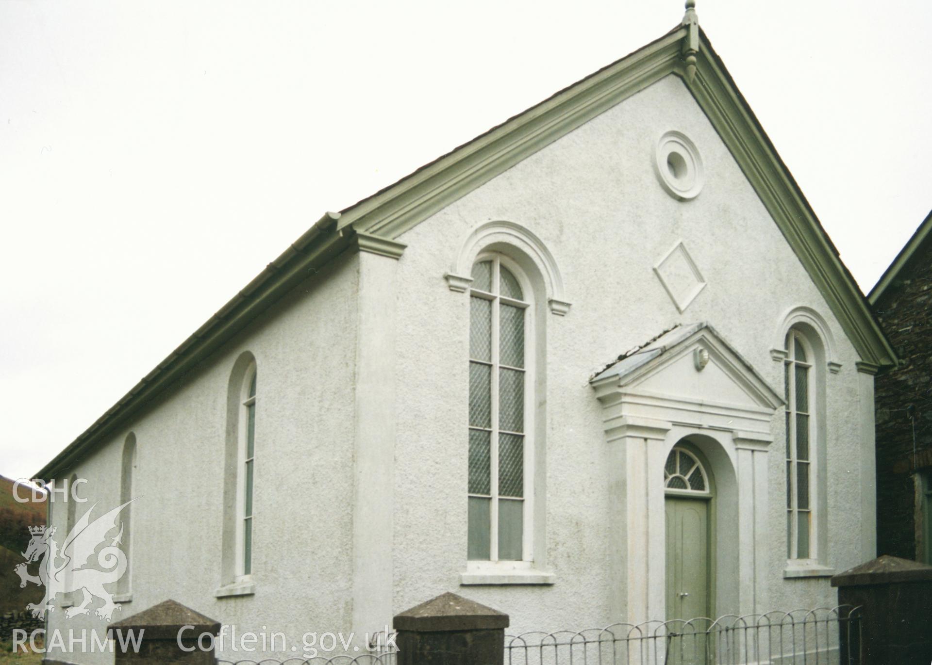 Digital copy of a colour photograph showing an exterior view of Saron Welsh Calvinistic Methodist Chapel, Cwm-twrch, taken by Robert Scourfield, c.1996.