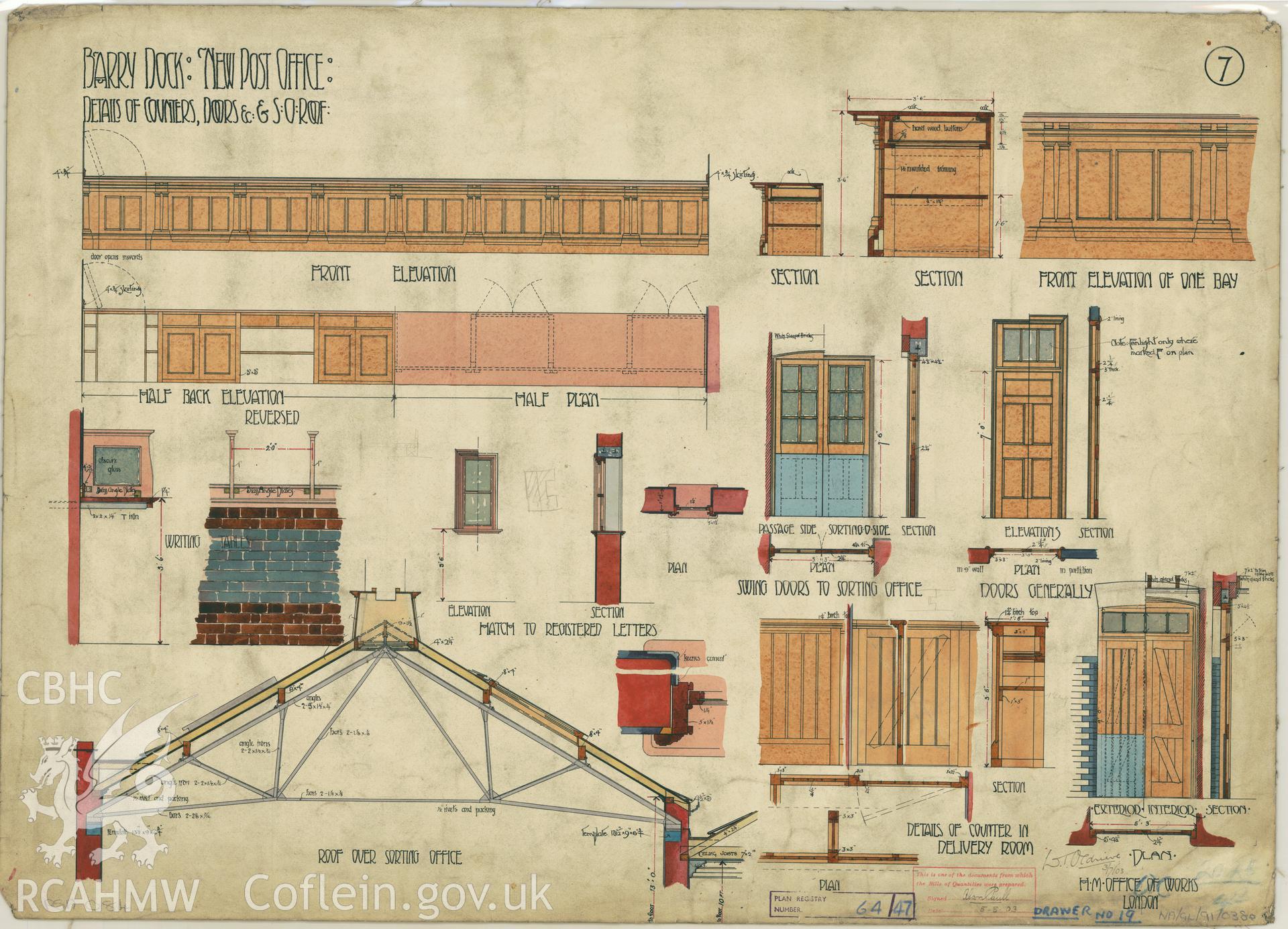 Post Office, Thompson Street, Barry Dock;  measured drawing showing detail of counters, doors and sorting office roof, produced by H.M. Office of Works,  undated.