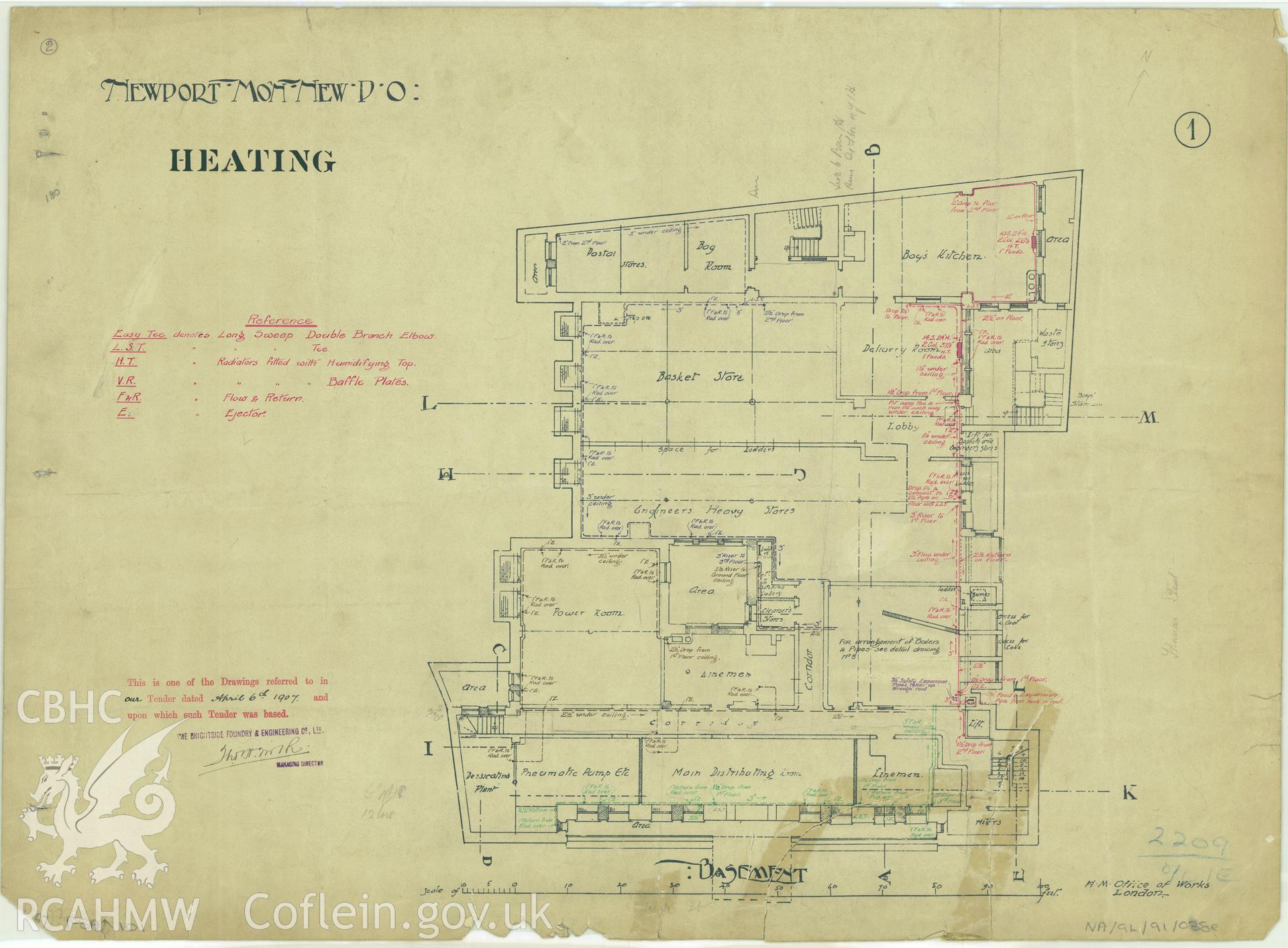 Head Post Office, High Street, Newport;  measured drawing showing heating system detail on basement plan, produced by H.M. Office of Works, c.1905