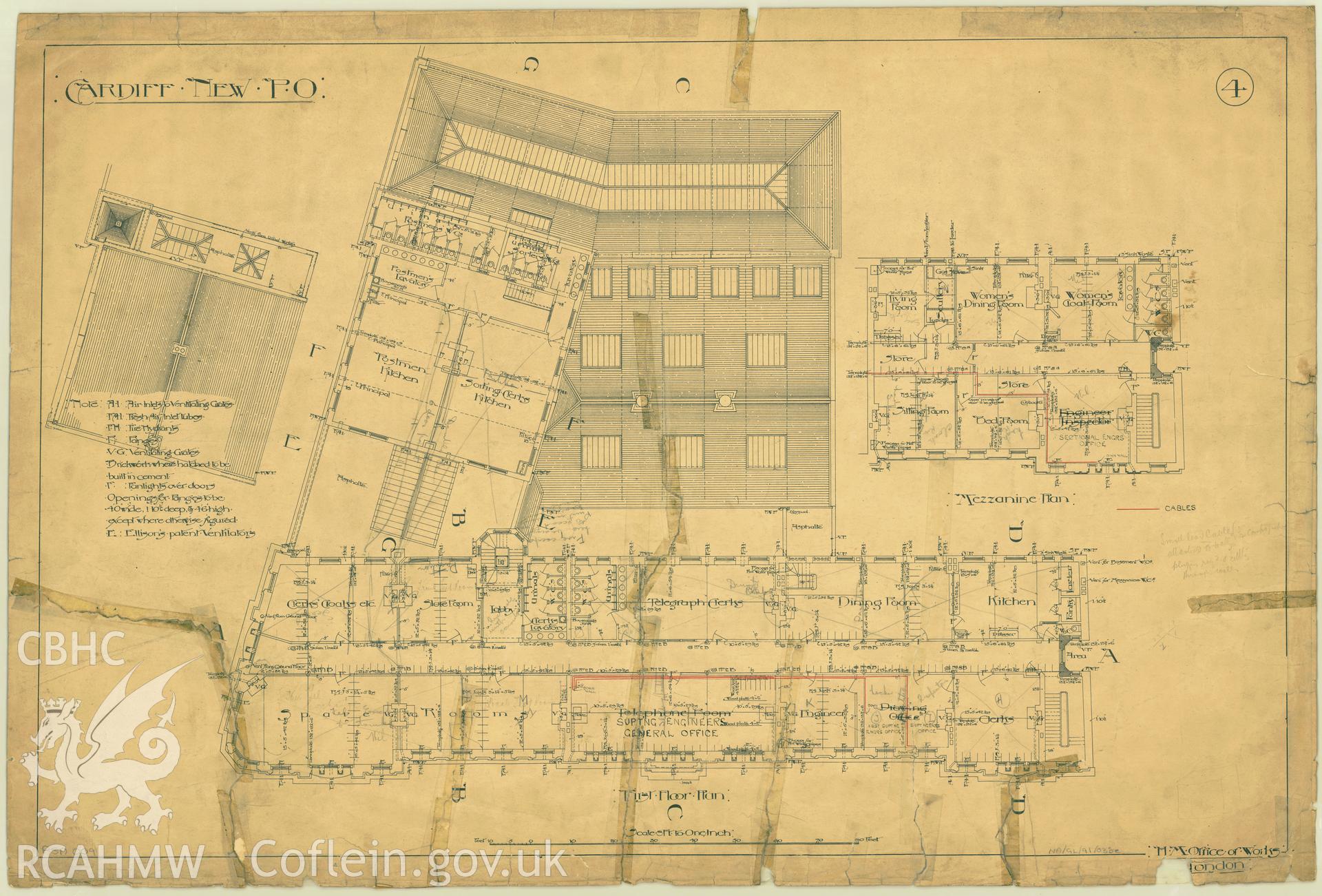 Cardiff Head Post Office, Westgate Street; original ink on fabric drawing produced by Henry Tanner of H.M. Office of Works, showing first floor plan of Cardiff New P.O., dated October 1893.