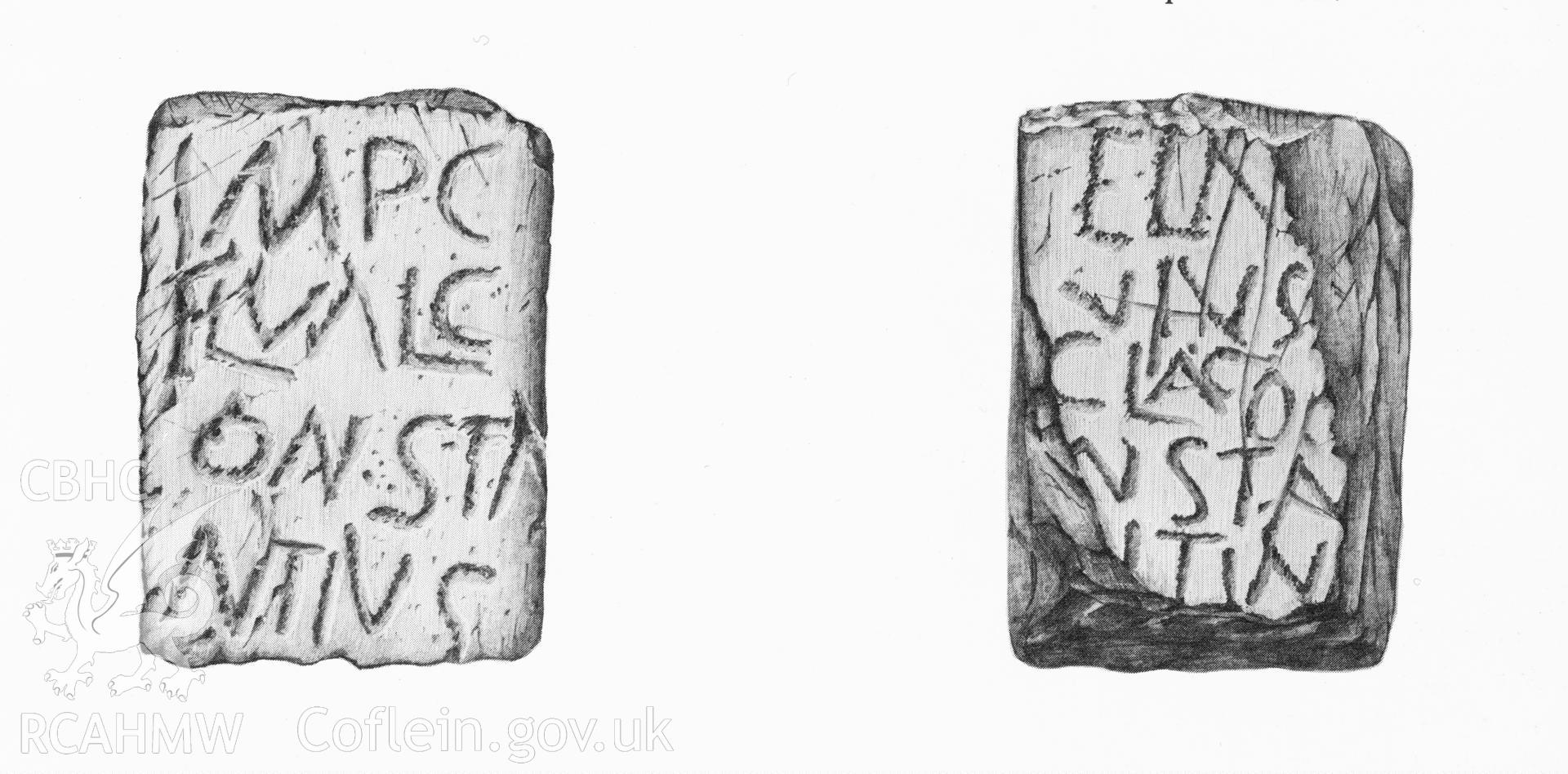Millbrook Farm Roman Milestone, Llanfrynach; two reconstruction drawings produced by J.B. Durrant.