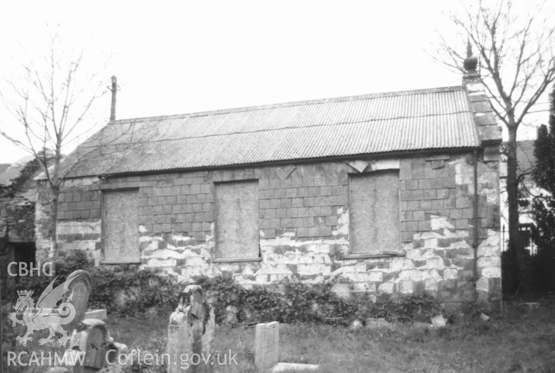 Digital copy of a black and white photograph showing an exterior view of Macpelah Baptist Chapel, Haverfordwest, taken by Robert Scourfield, c.1996.