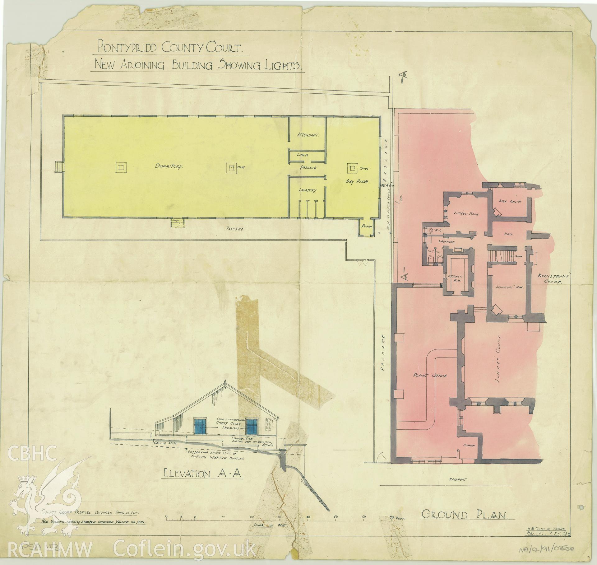 Court House, Pontypridd;  measured drawing showing plan of proposed annexe, produced by H.M. Office of Works, 1911.