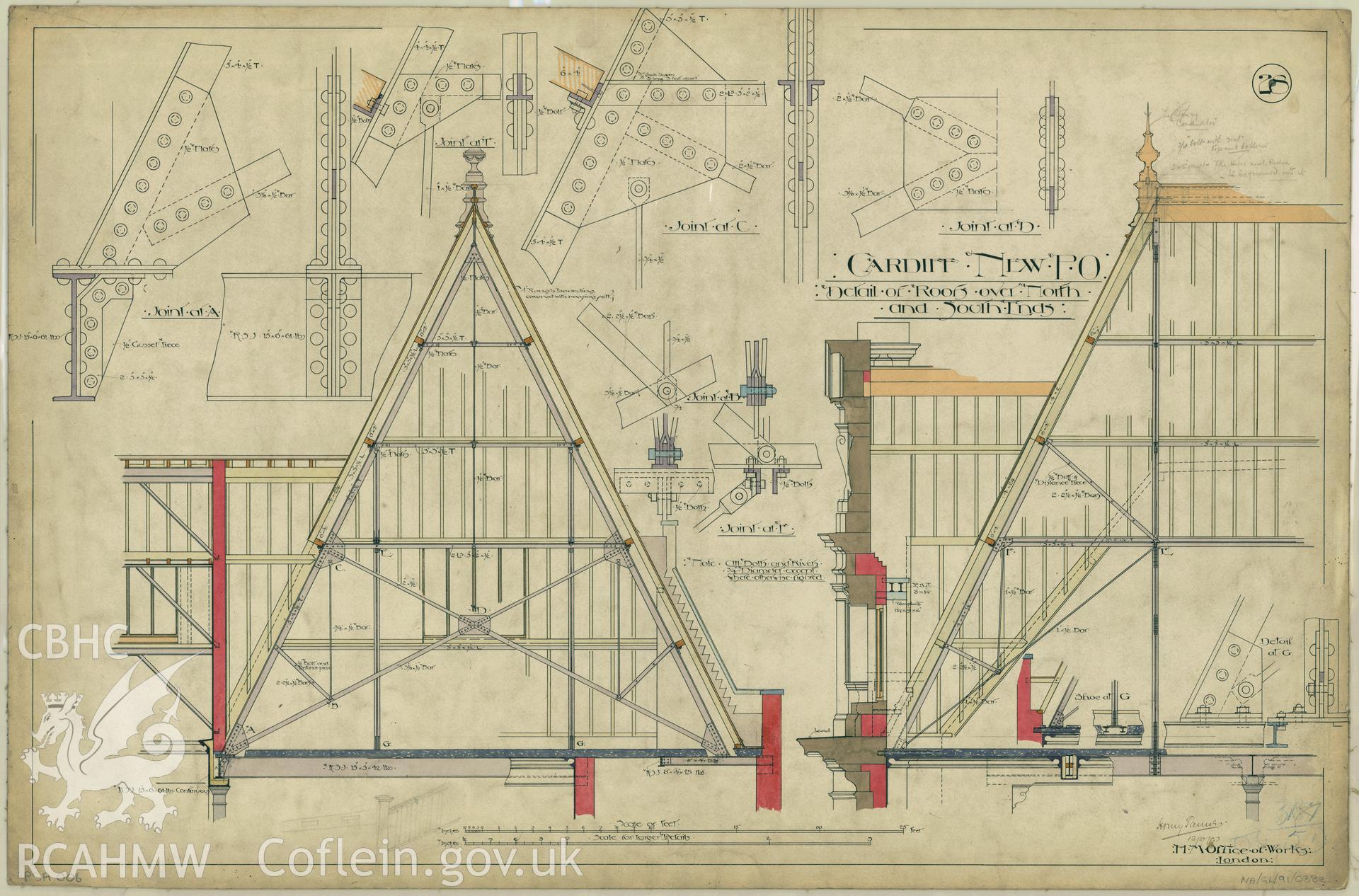 Cardiff Head Post Office, Westgate Street; original ink on fabric drawing produced by Henry Tanner of H.M. Office of Works, showing detail of roof over north and south ends at Cardiff New P.O., dated October 1893.