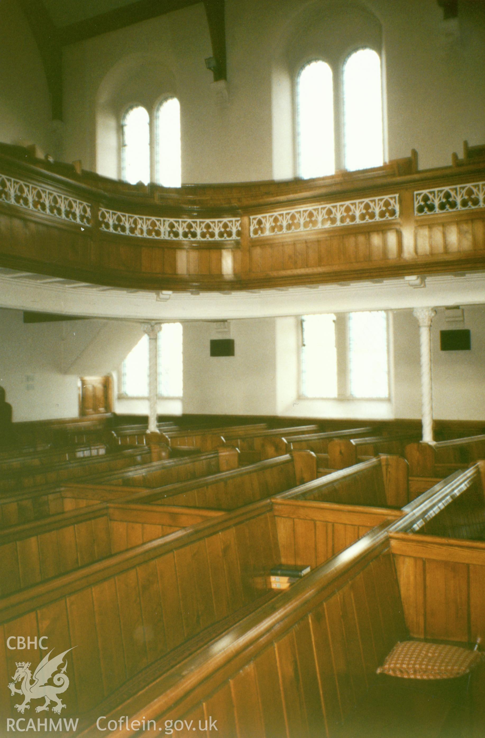 Digital copy of a colour photograph showing an interior view of Welsh Independent Chapel, Priory Street, Carmarthen, taken by Robert Scourfield, undated.
