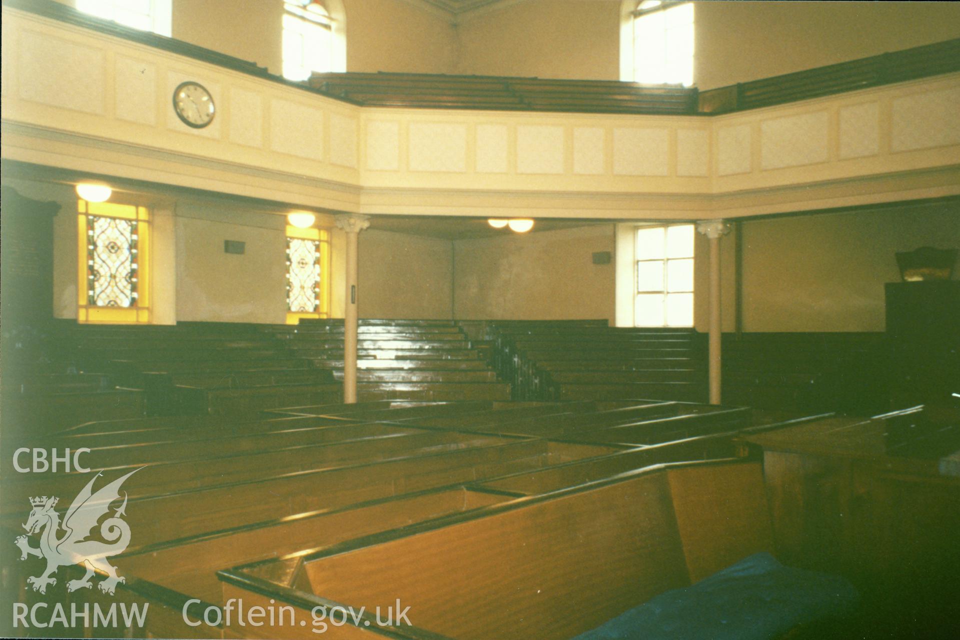 Digital copy of a colour photograph showing an interior view of Capel Heol y Dwr, Carmarthen, taken by Robert Scourfield, undated.