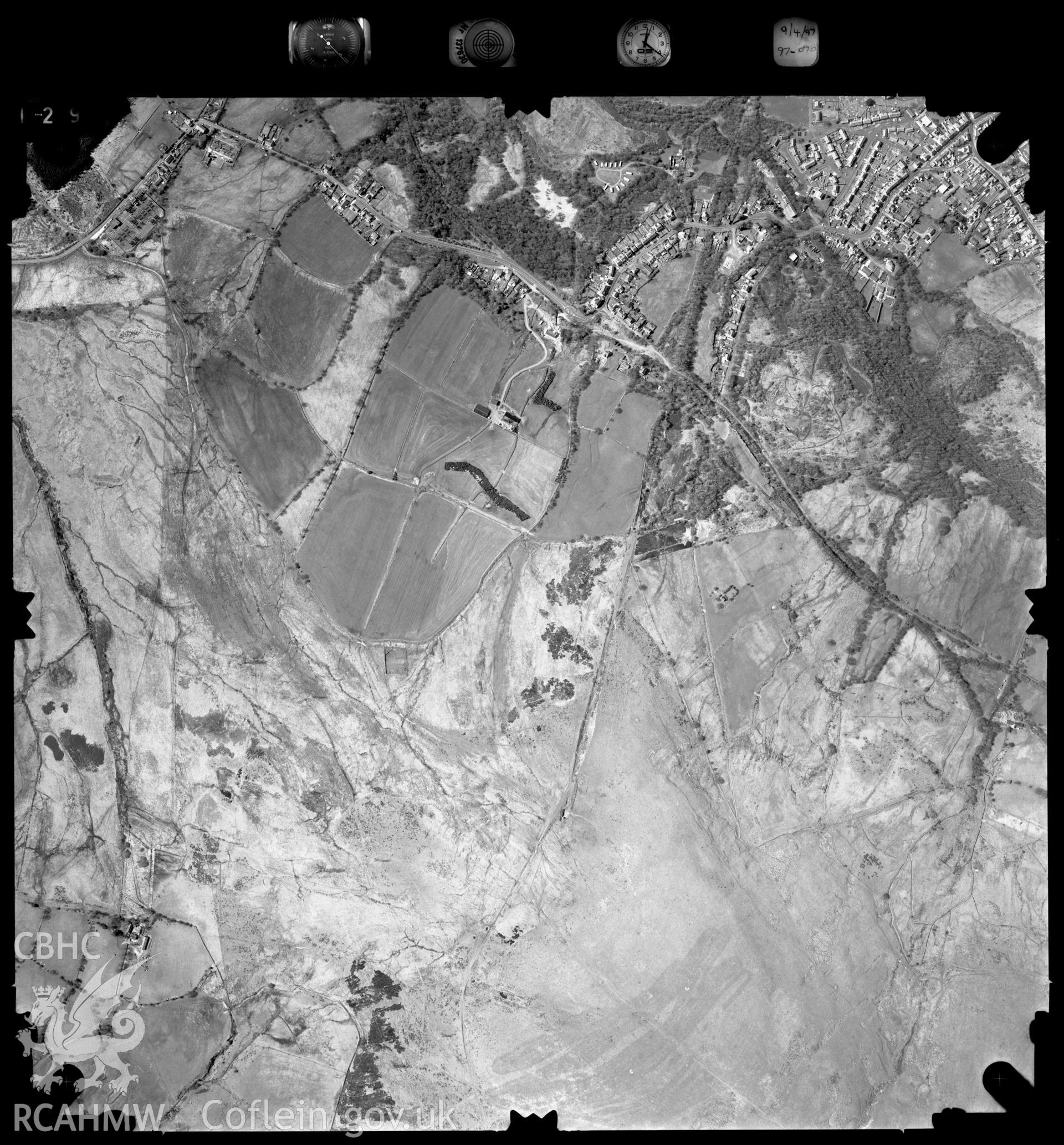 Digitized copy of an aerial photograph showing the Ystradgynlais area, taken by Ordnance Survey, 1997.