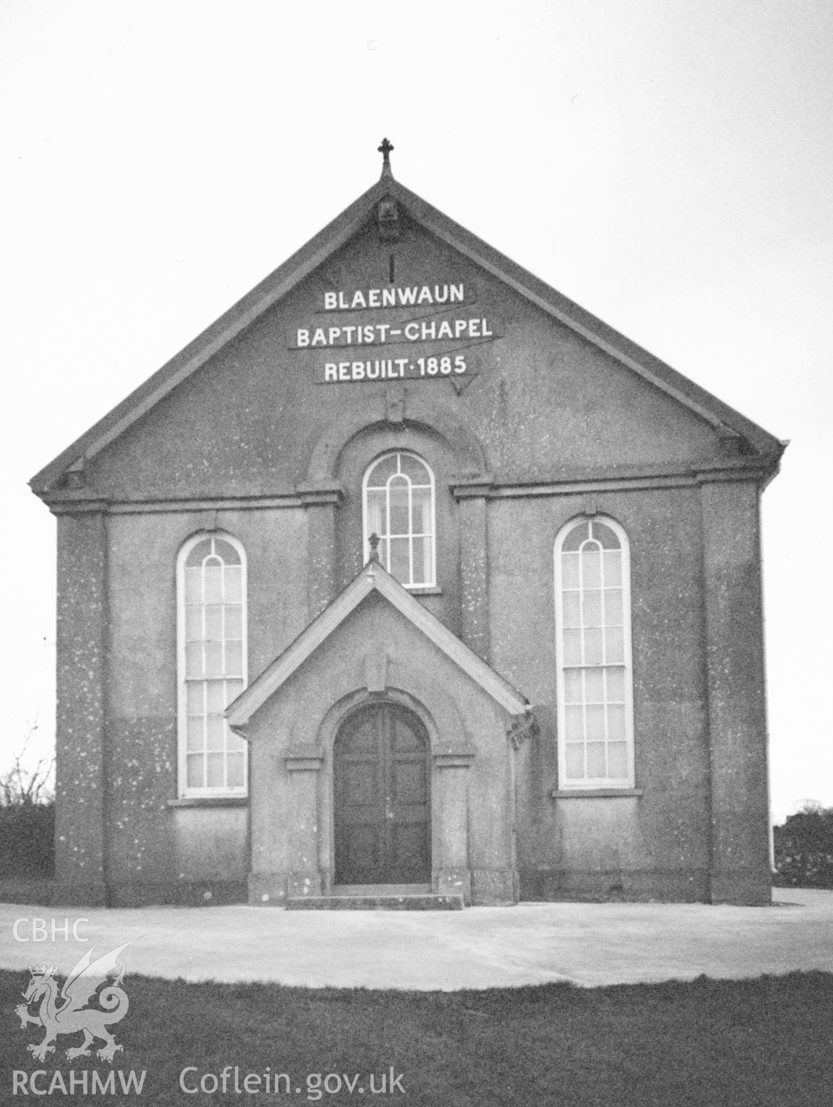 Digital copy of a black and white photograph showing an exterior view of Blaenwaun Welsh Baptist Chapel, St Dogmaels, taken by Robert Scourfield, c.1996.