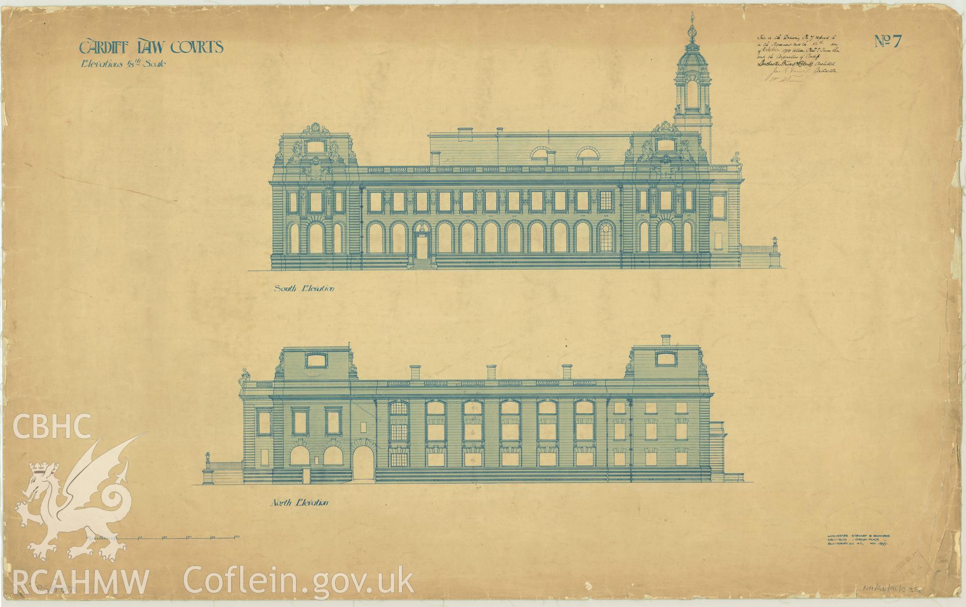 Law Court, Cathays Park, Cardiff; measured drawing showing north and south elevation views, produced by Lanchester Stewart and Rickards, 1899.