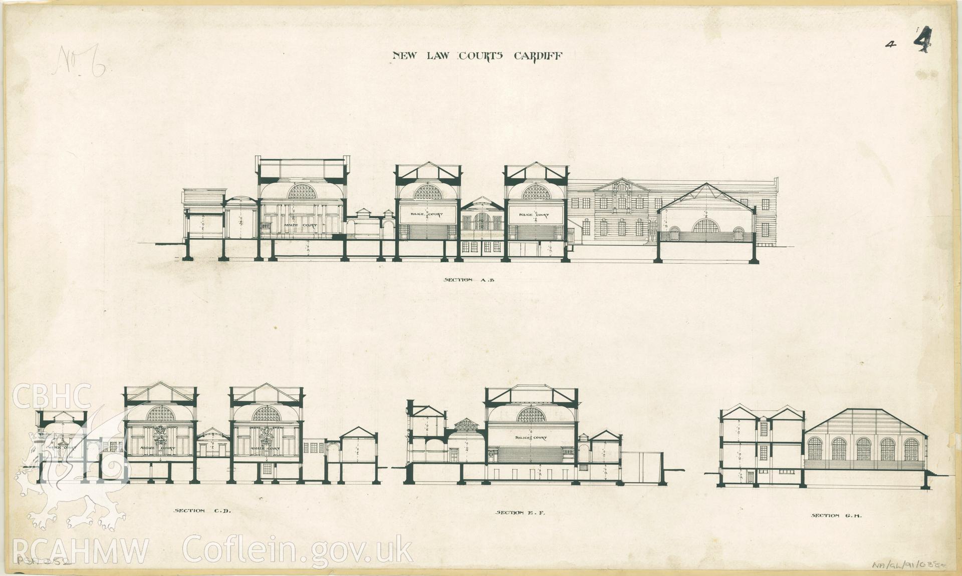 Law Court, Cathays Park, Cardiff; measured drawing showing proposed section views, submitted as  an entry in the 1897 competition to produce a design for the new Law Court.