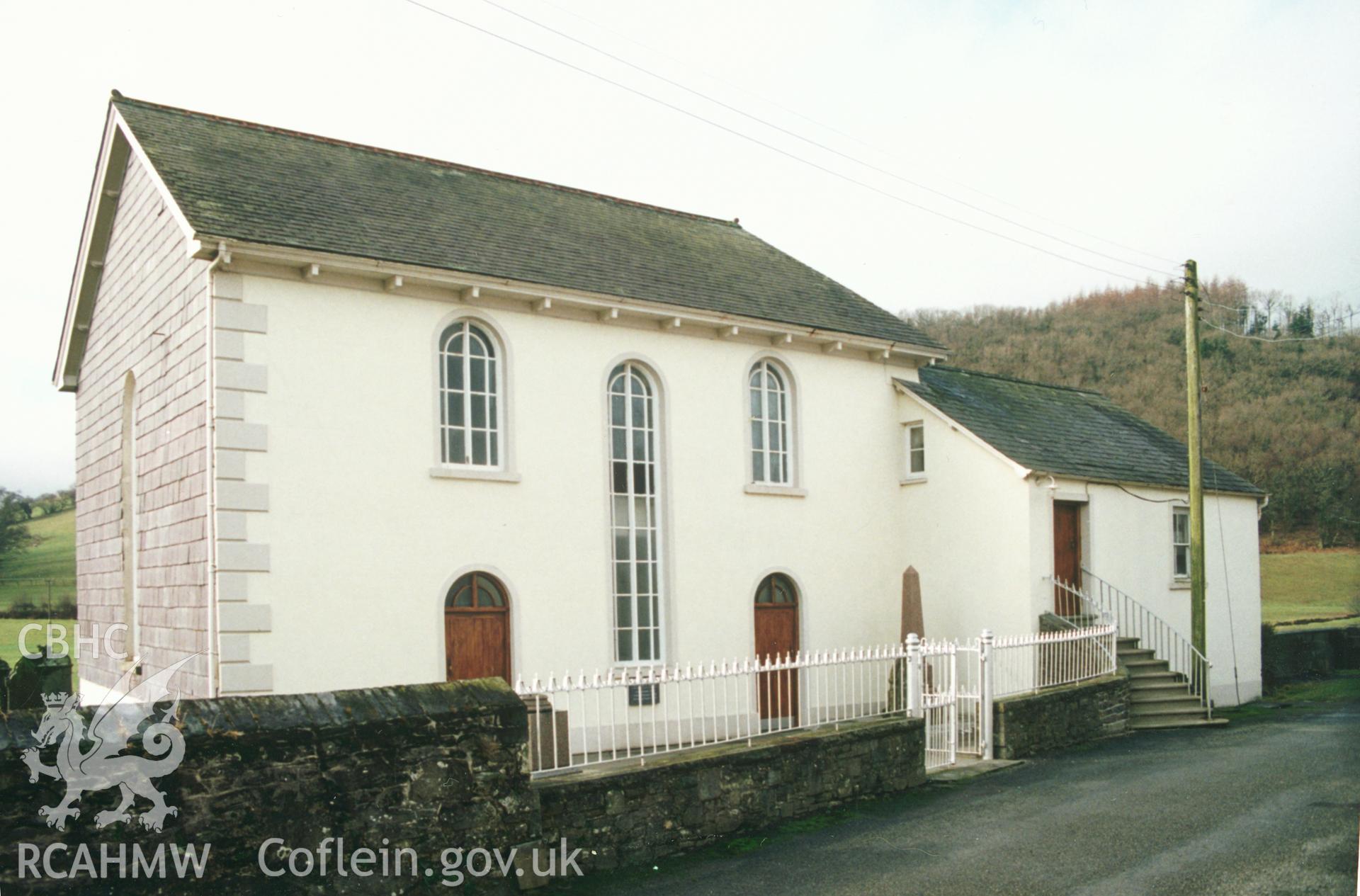 Digital copy of a colour photograph showing an exterior view of Crug y Bar Welsh Independent Chapel, taken by Robert Scourfield, c.1996.