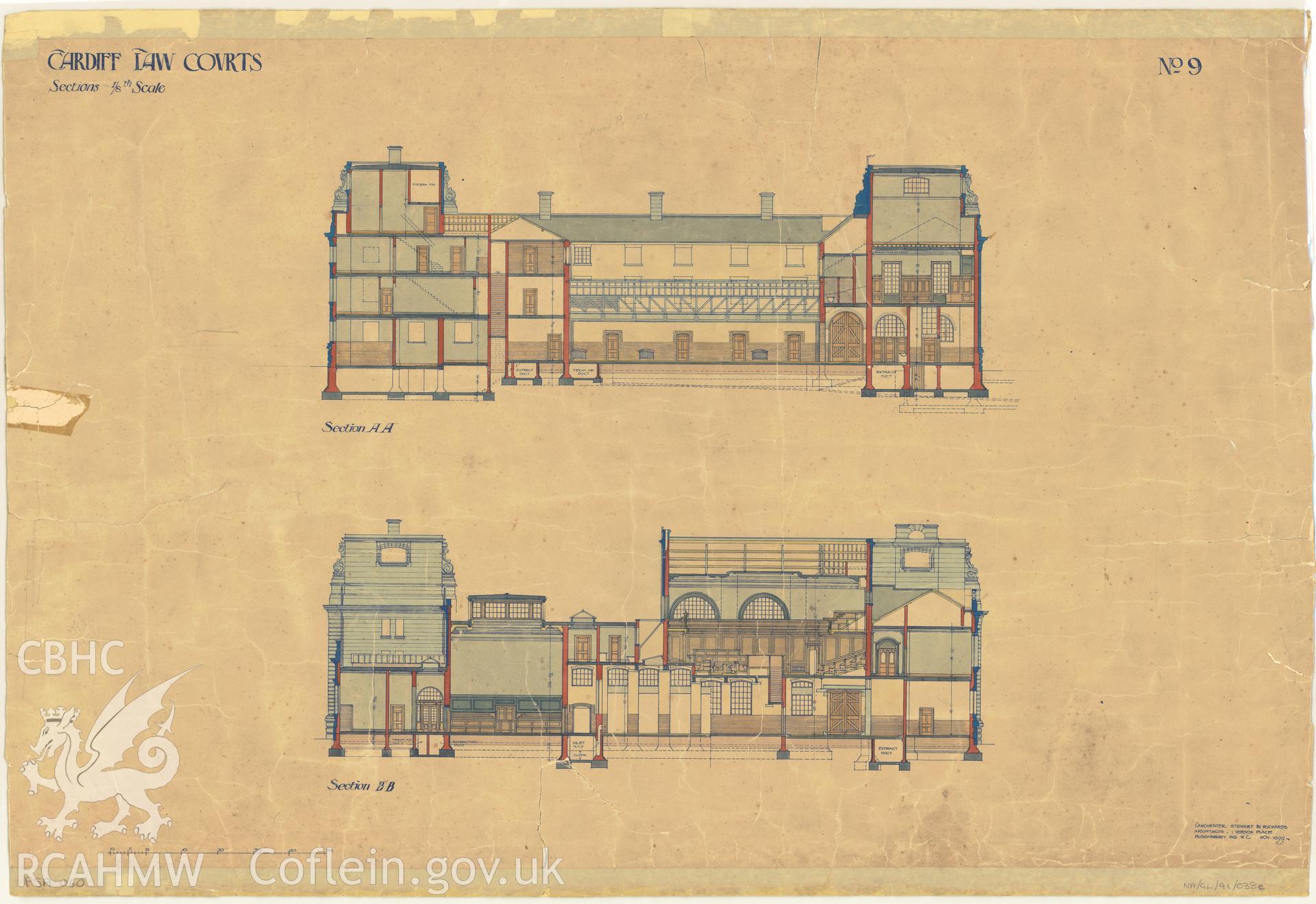 Law Court, Cathays Park, Cardiff; measured drawing showing section views, produced by Lanchester Stewart and Rickards, 1899.